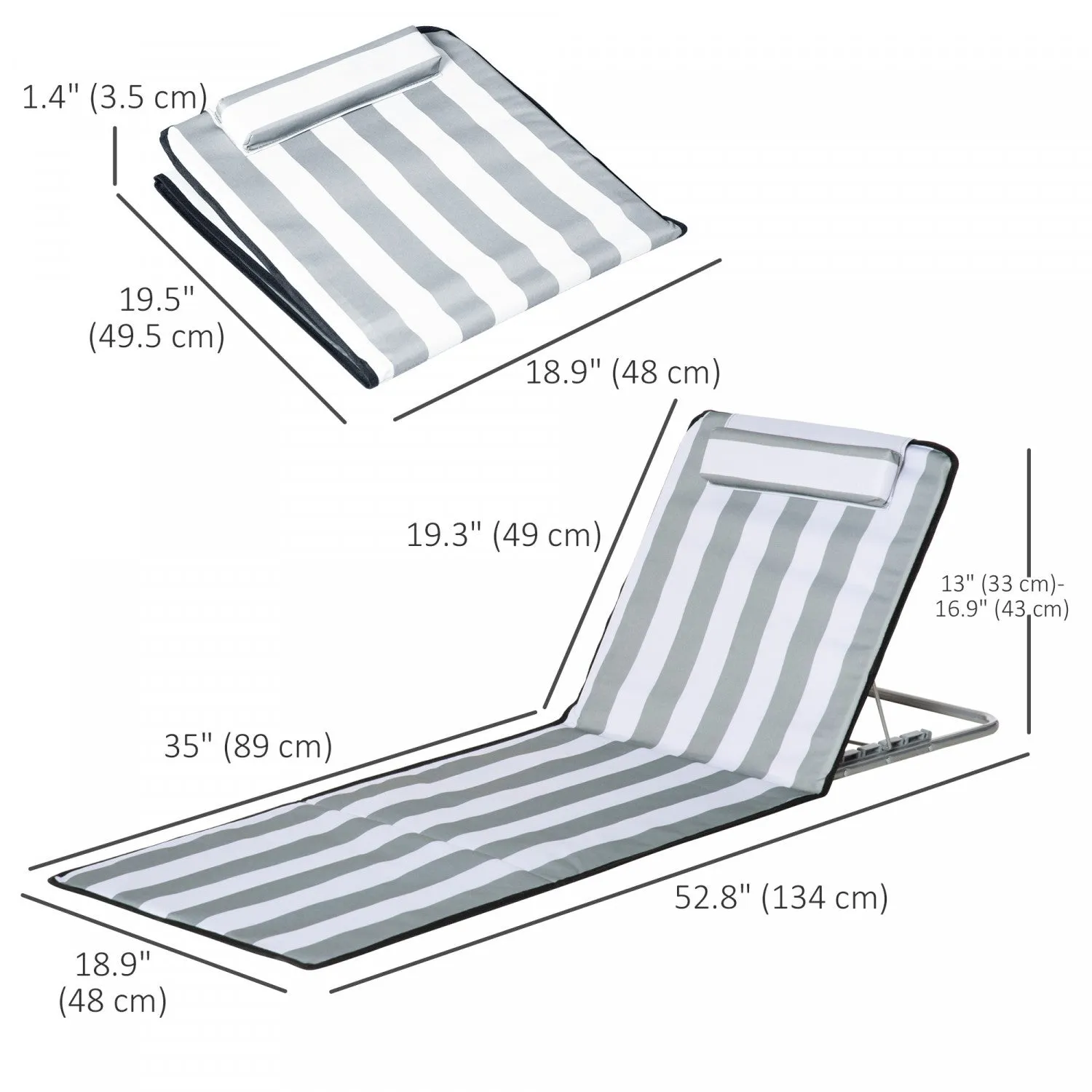 Outsunny 2 Pcs Folding Beach Lounge Chair W/ Pillow, Light Grey