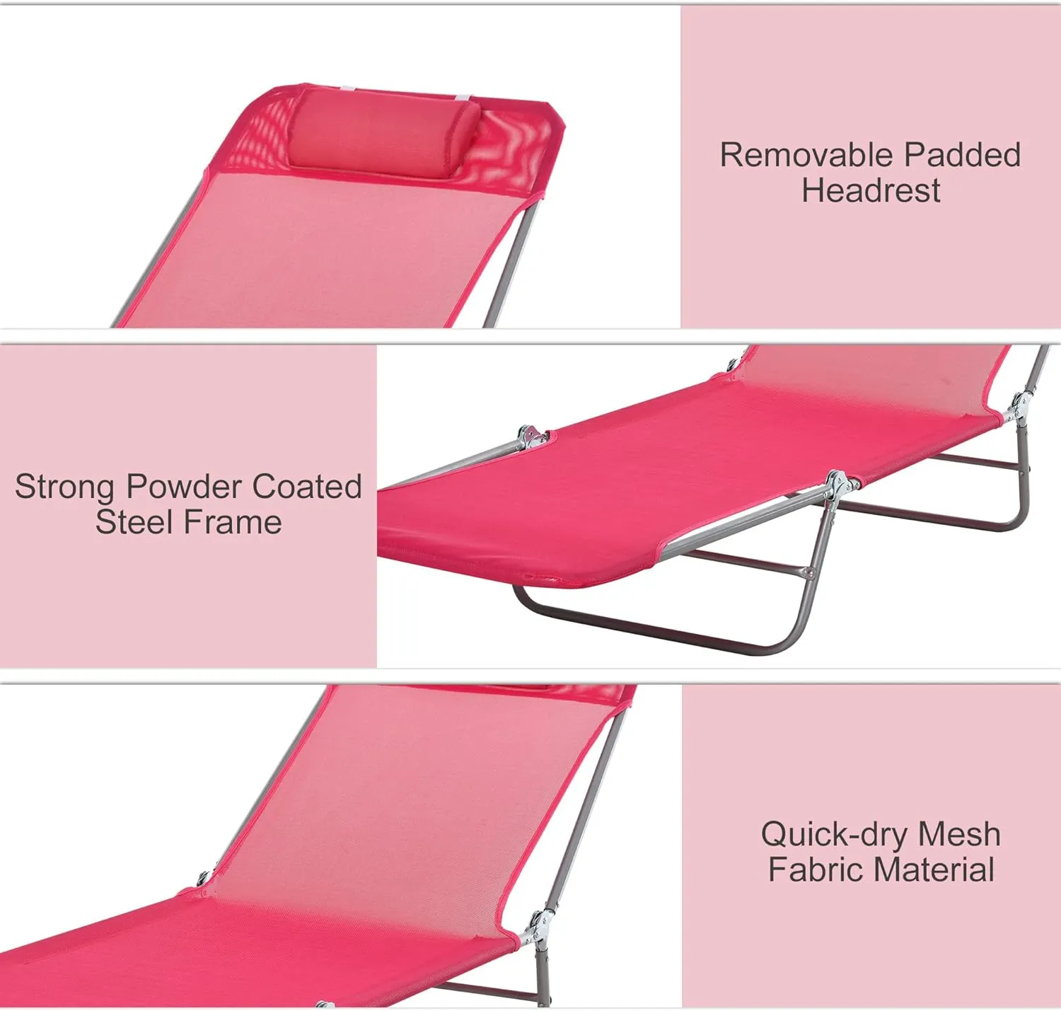 Outsunny Folding Chaise Lounge Chair, Pool Sun Tanning Chair, Outdoor Lounge Chair with Reclining Back, Breathable Mesh Seat, Headrest for Beach, Yard, Patio, Pink