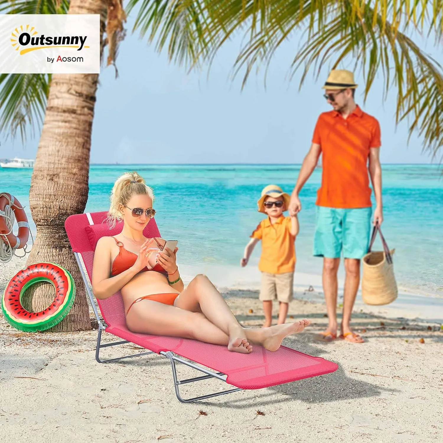 Outsunny Folding Chaise Lounge Chair, Pool Sun Tanning Chair, Outdoor Lounge Chair with Reclining Back, Breathable Mesh Seat, Headrest for Beach, Yard, Patio, Pink