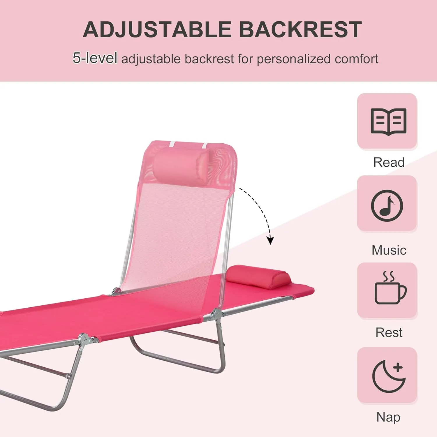 Outsunny Folding Chaise Lounge Chair, Pool Sun Tanning Chair, Outdoor Lounge Chair with Reclining Back, Breathable Mesh Seat, Headrest for Beach, Yard, Patio, Pink