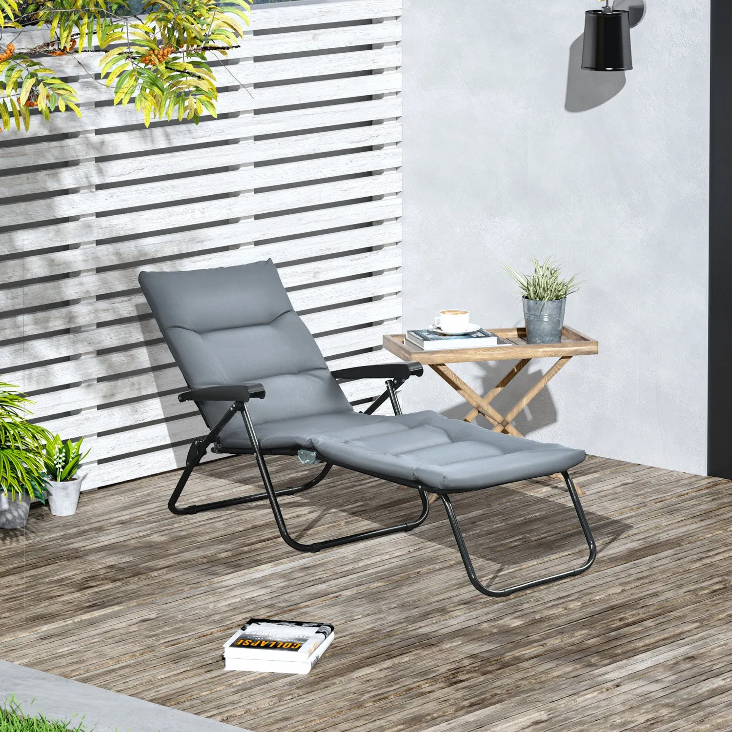 Outsunny Folding Lounge Chair W/ Cushion, Adjustable Back, Grey