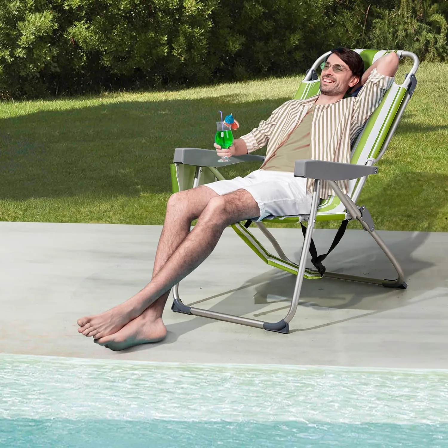 Outvita Backpack Beach Chair, 5 Level Adjustable Positions Beach Chair with Back Storage Bag, Cooler Pouch and Side Bags for Beach Poolside Lawn