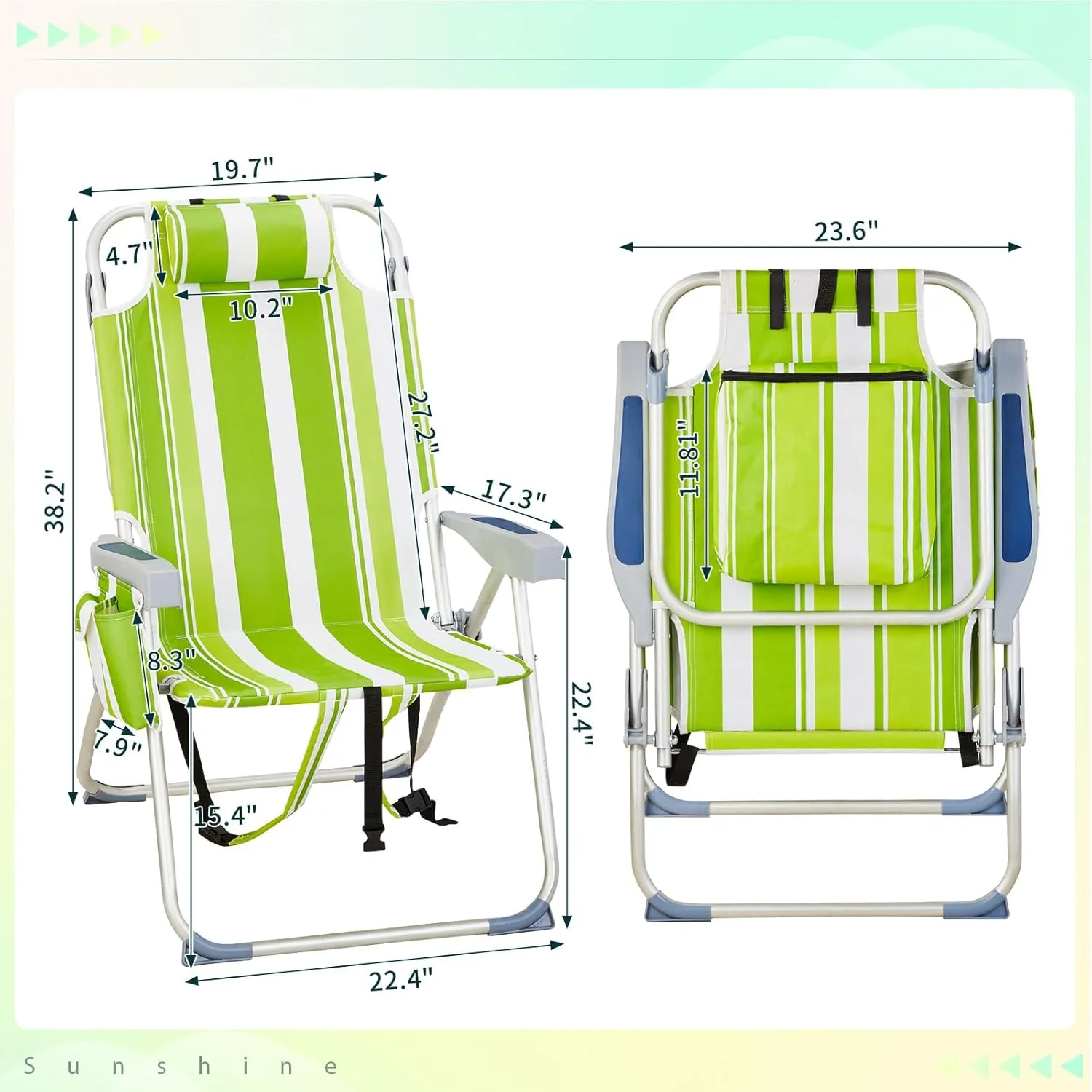 Outvita Backpack Beach Chair, 5 Level Adjustable Positions Beach Chair with Back Storage Bag, Cooler Pouch and Side Bags for Beach Poolside Lawn