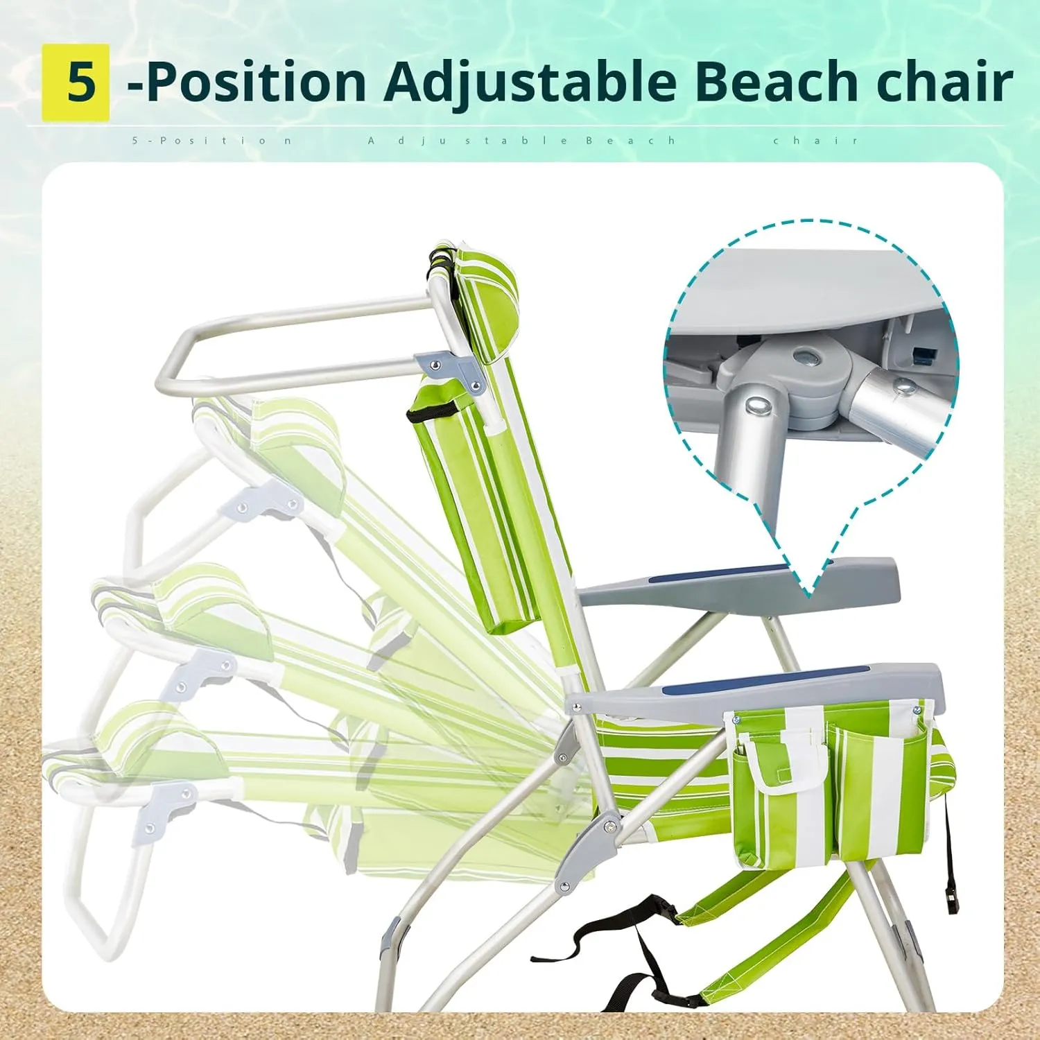 Outvita Backpack Beach Chair, 5 Level Adjustable Positions Beach Chair with Back Storage Bag, Cooler Pouch and Side Bags for Beach Poolside Lawn