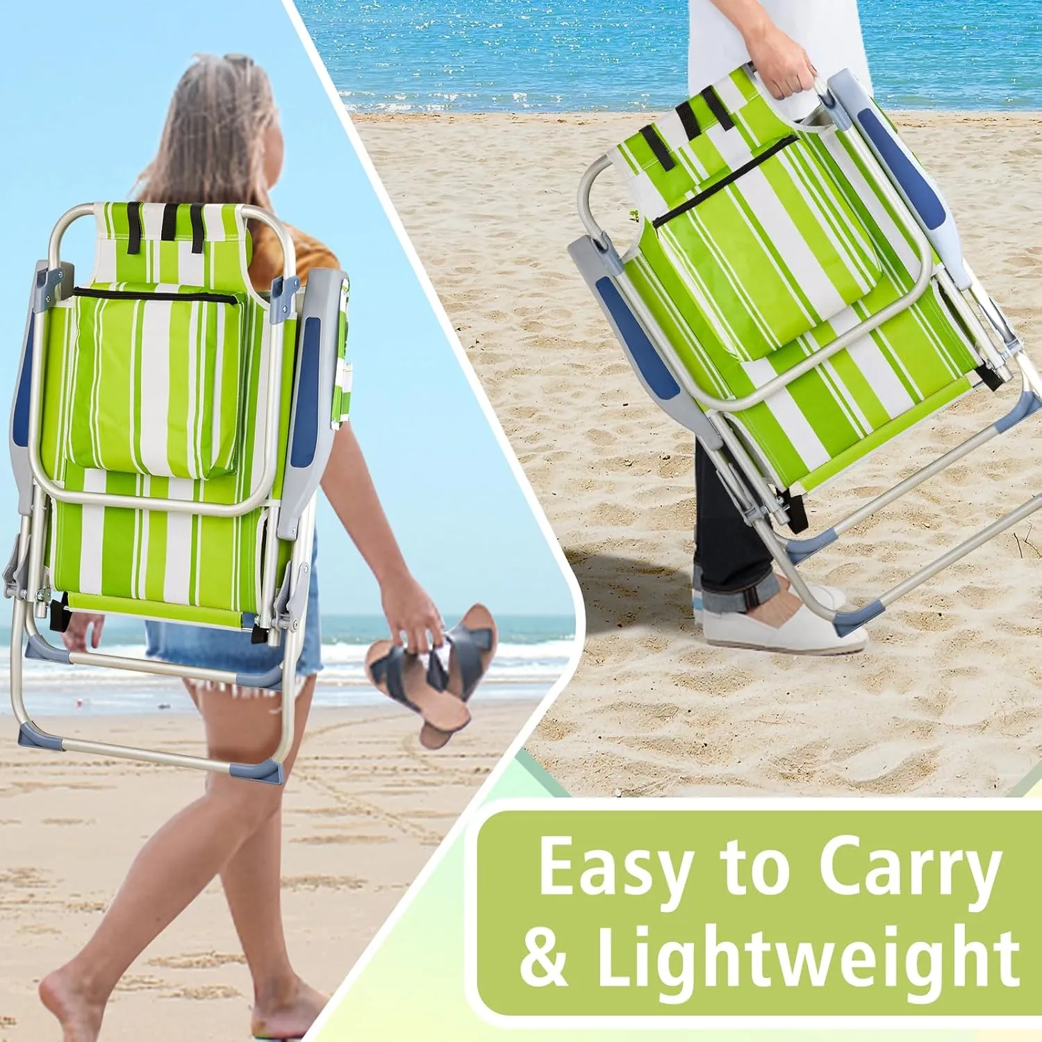 Outvita Backpack Beach Chair, 5 Level Adjustable Positions Beach Chair with Back Storage Bag, Cooler Pouch and Side Bags for Beach Poolside Lawn