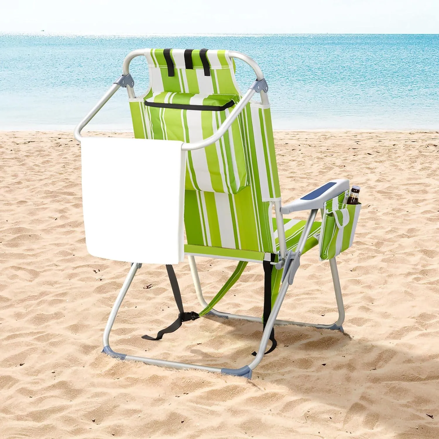 Outvita Backpack Beach Chair, 5 Level Adjustable Positions Beach Chair with Back Storage Bag, Cooler Pouch and Side Bags for Beach Poolside Lawn
