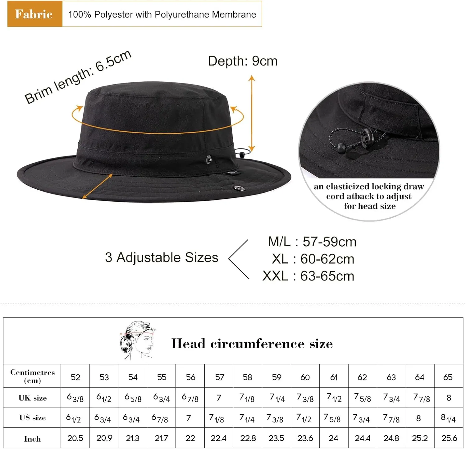 Oversize XL/XXL Bucket Sun Hat Men Women Waterproof UV Packable Lightweight Wide Brim Boonie Cap Golf Fishing Hiking Safari