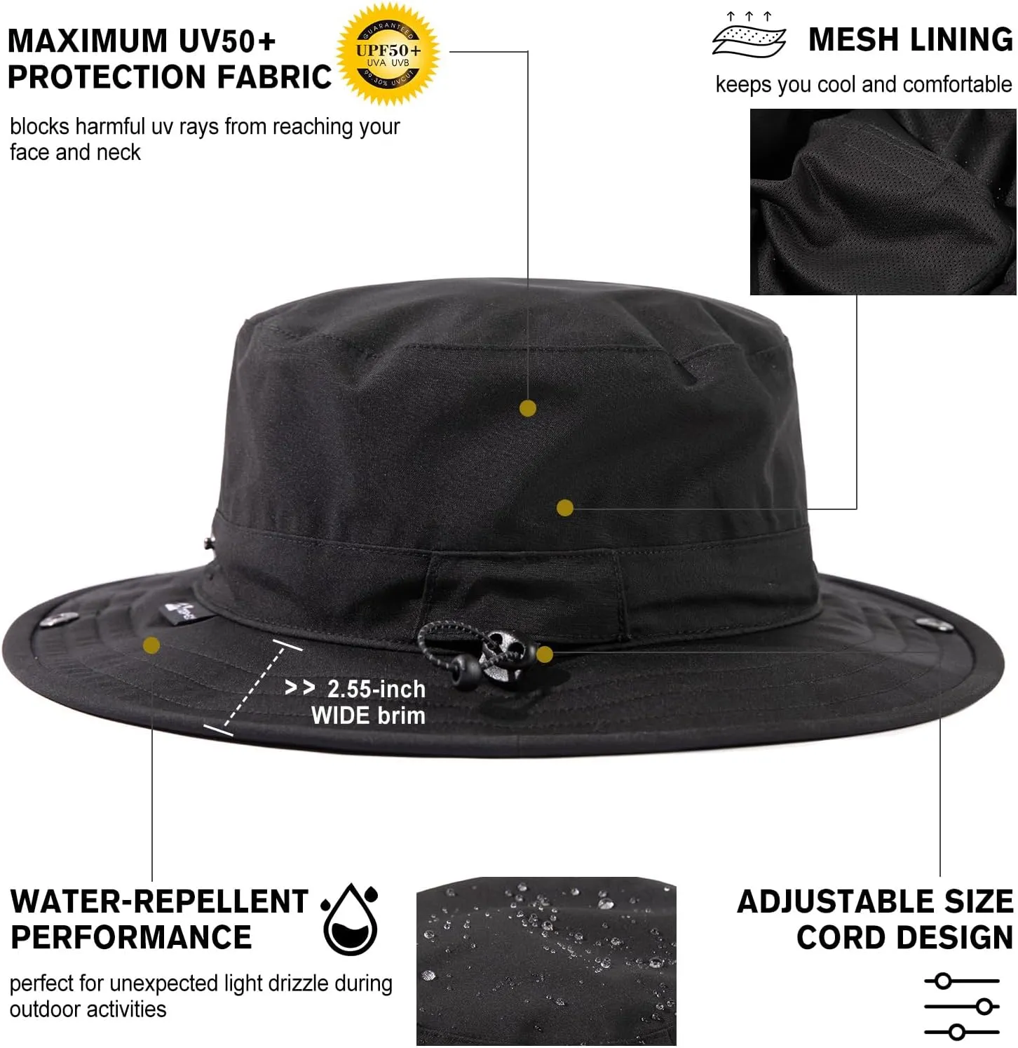 Oversize XL/XXL Bucket Sun Hat Men Women Waterproof UV Packable Lightweight Wide Brim Boonie Cap Golf Fishing Hiking Safari
