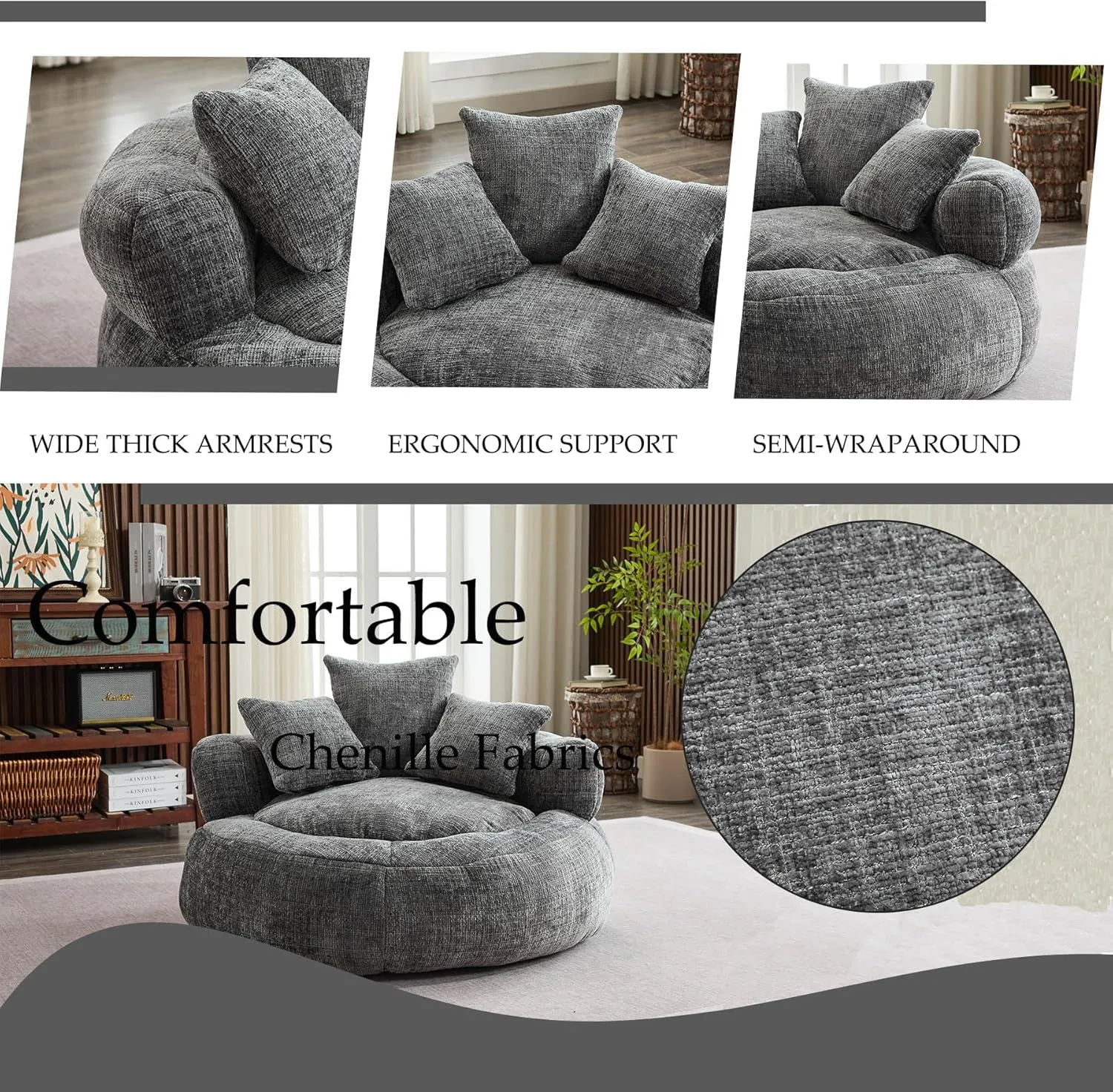 Oversized Bean Bag Chairs for Adults, Memory Foam Lazy Sofa with High Back and 3 Pillows, Comfy Beanbag Lounger Couch for Living Room Bedroom Apartment (Gray)