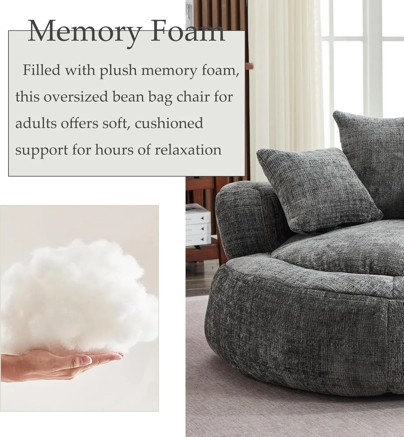 Oversized Bean Bag Chairs for Adults, Memory Foam Lazy Sofa with High Back and 3 Pillows, Comfy Beanbag Lounger Couch for Living Room Bedroom Apartment (Gray)