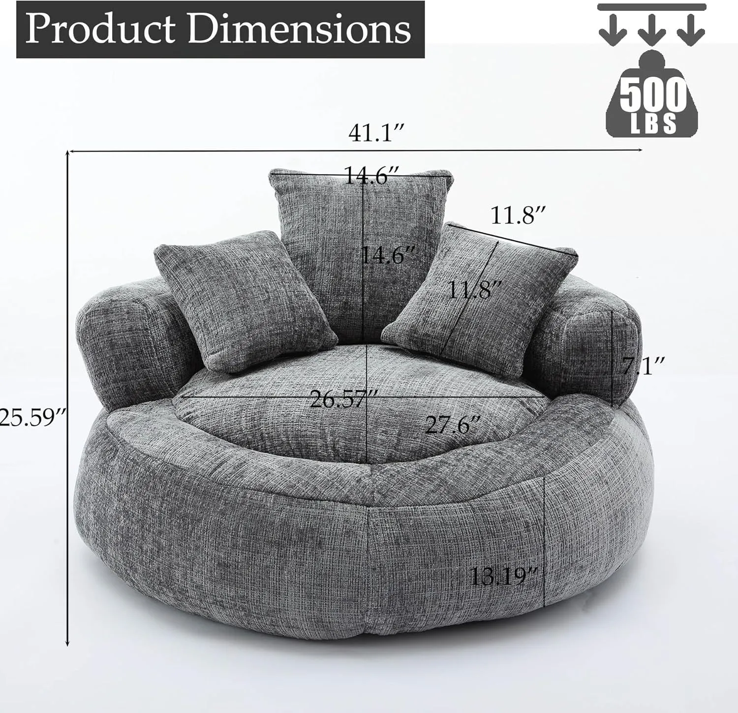 Oversized Bean Bag Chairs for Adults, Memory Foam Lazy Sofa with High Back and 3 Pillows, Comfy Beanbag Lounger Couch for Living Room Bedroom Apartment (Gray)
