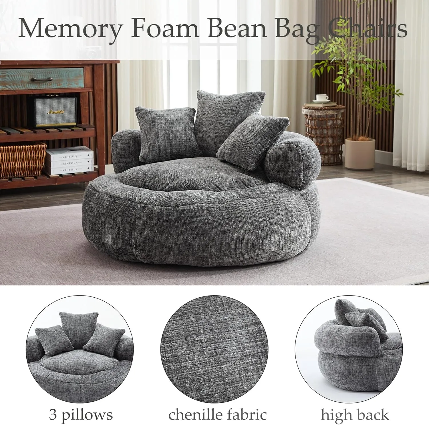 Oversized Bean Bag Chairs for Adults, Memory Foam Lazy Sofa with High Back and 3 Pillows, Comfy Beanbag Lounger Couch for Living Room Bedroom Apartment (Gray)