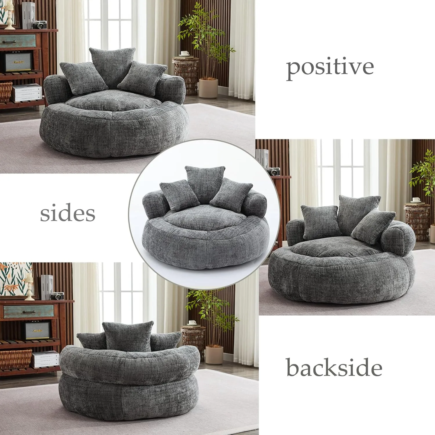 Oversized Bean Bag Chairs for Adults, Memory Foam Lazy Sofa with High Back and 3 Pillows, Comfy Beanbag Lounger Couch for Living Room Bedroom Apartment (Gray)