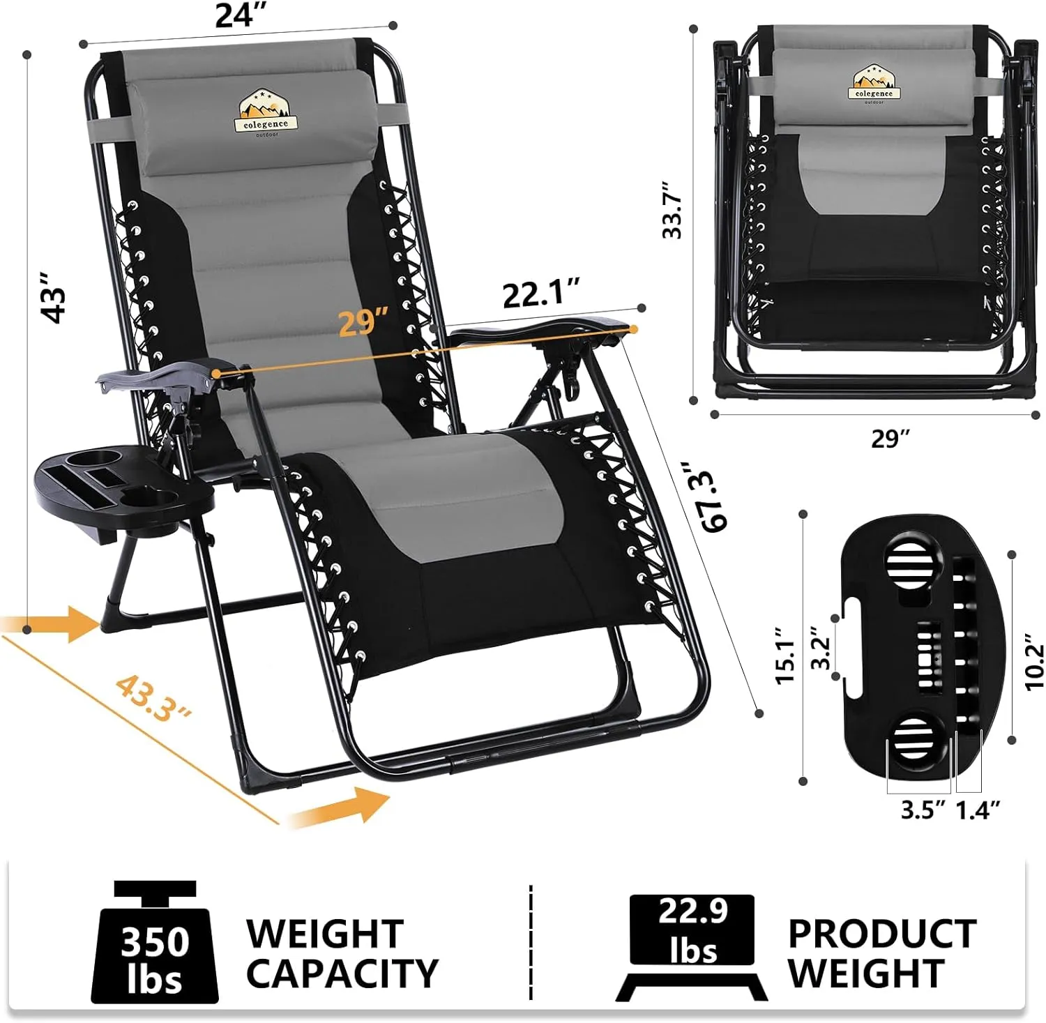 Oversized Padded Zero Gravity Lounge Chair, Foldable Patio Anti Gravity Reclining Chairs Folding Lawn Recliner with Cup Holder for Yard, Camping, Outdoor, Support 350 LBS, Black