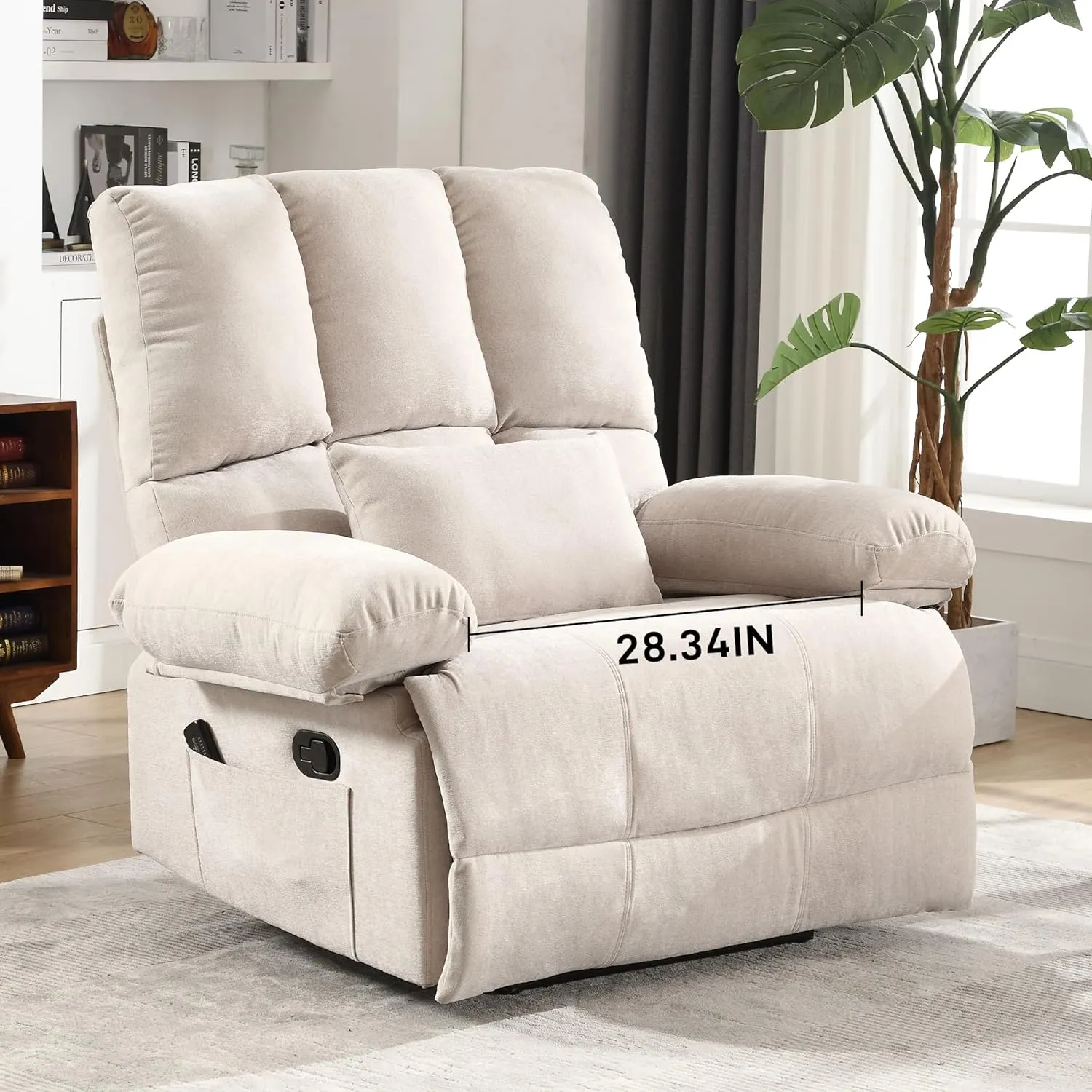 Oversized Recliner Chair 350 lb Weight Capacity, Plus Size 28 inch Large Wide Seat Manual Comfortable Fabric Recliner for Adults Living Room with Pockets Massage Pillow (6008-Beige3)