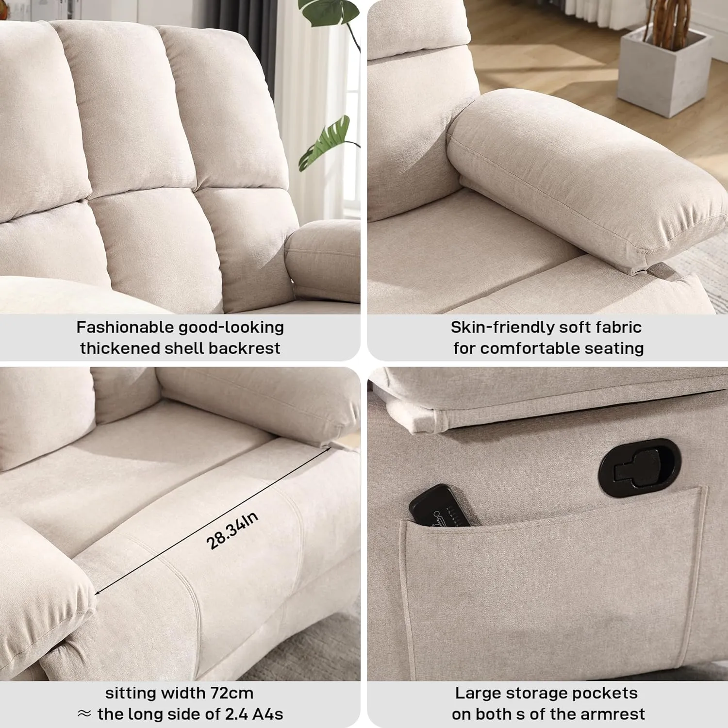 Oversized Recliner Chair 350 lb Weight Capacity, Plus Size 28 inch Large Wide Seat Manual Comfortable Fabric Recliner for Adults Living Room with Pockets Massage Pillow (6008-Beige3)
