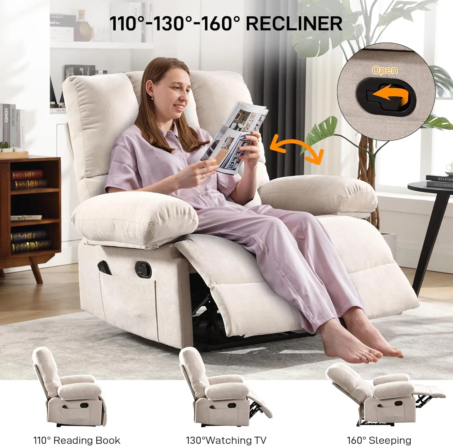 Oversized Recliner Chair 350 lb Weight Capacity, Plus Size 28 inch Large Wide Seat Manual Comfortable Fabric Recliner for Adults Living Room with Pockets Massage Pillow (6008-Beige3)