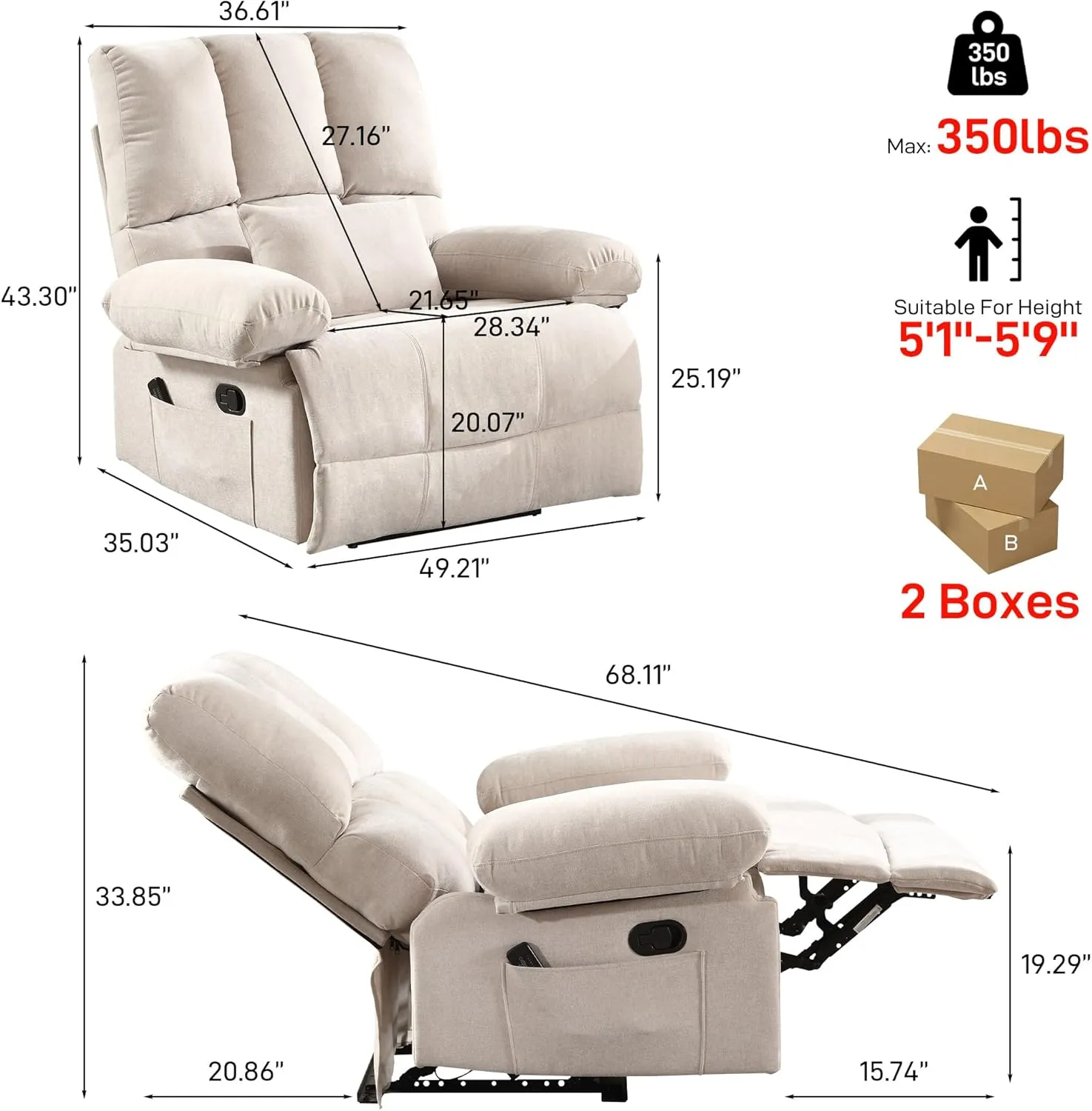 Oversized Recliner Chair 350 lb Weight Capacity, Plus Size 28 inch Large Wide Seat Manual Comfortable Fabric Recliner for Adults Living Room with Pockets Massage Pillow (6008-Beige3)