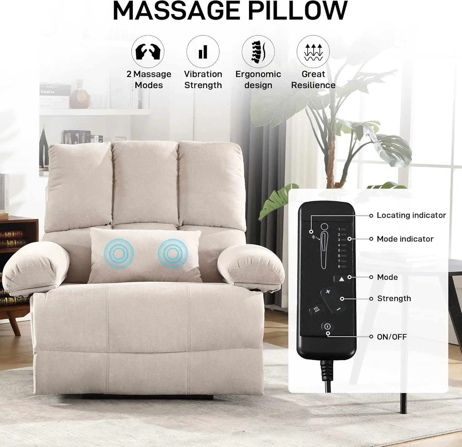 Oversized Recliner Chair 350 lb Weight Capacity, Plus Size 28 inch Large Wide Seat Manual Comfortable Fabric Recliner for Adults Living Room with Pockets Massage Pillow (6008-Beige3)