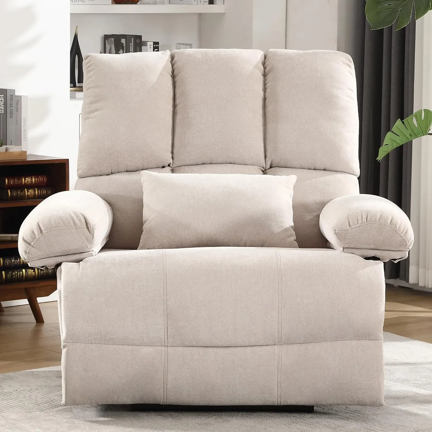 Oversized Recliner Chair 350 lb Weight Capacity, Plus Size 28 inch Large Wide Seat Manual Comfortable Fabric Recliner for Adults Living Room with Pockets Massage Pillow (6008-Beige3)