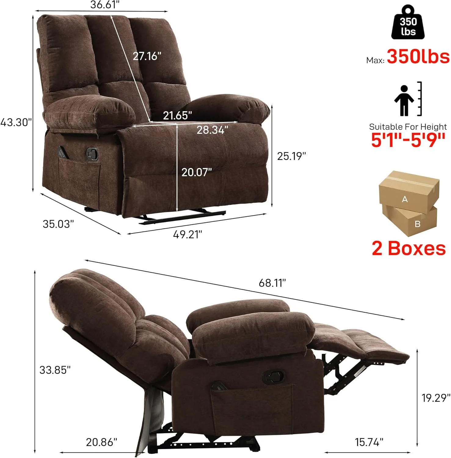 Oversized Recliner Chair 350 lb Weight Capacity, Plus Size 28 inch Large Wide Seat Manual Comfortable Fabric Recliner for Adults Living Room with Pockets Massage Pillow (6008-Brown8)