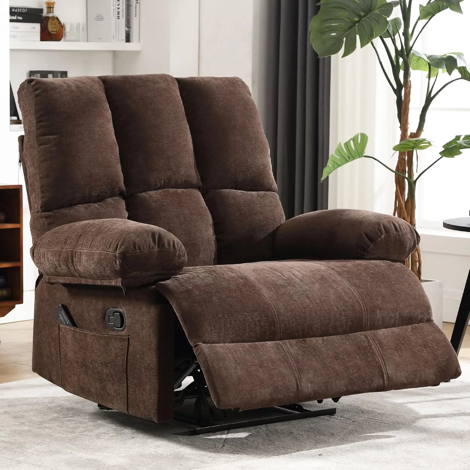 Oversized Recliner Chair 350 lb Weight Capacity, Plus Size 28 inch Large Wide Seat Manual Comfortable Fabric Recliner for Adults Living Room with Pockets Massage Pillow (6008-Brown8)