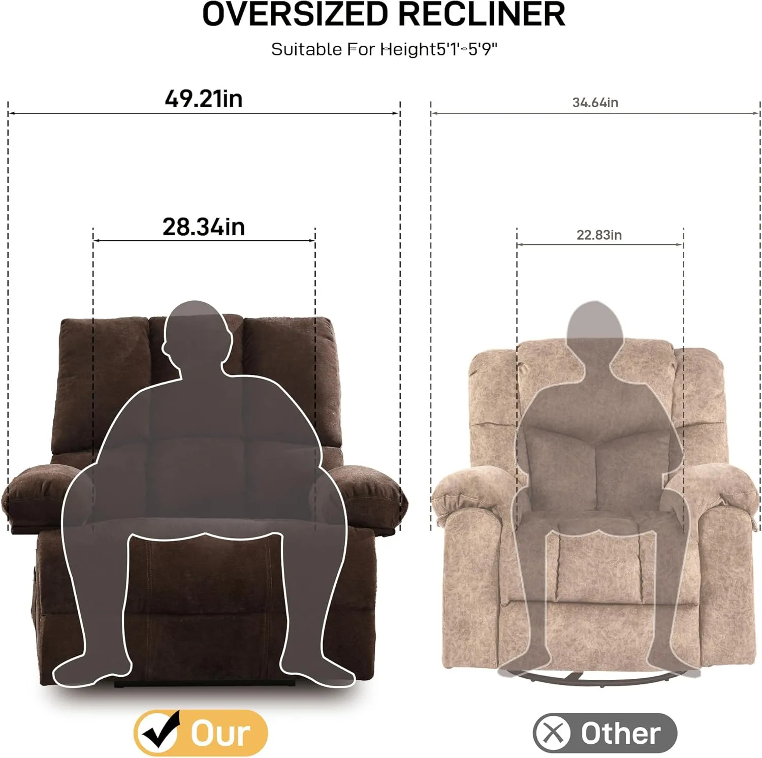 Oversized Recliner Chair 350 lb Weight Capacity, Plus Size 28 inch Large Wide Seat Manual Comfortable Fabric Recliner for Adults Living Room with Pockets Massage Pillow (6008-Brown8)