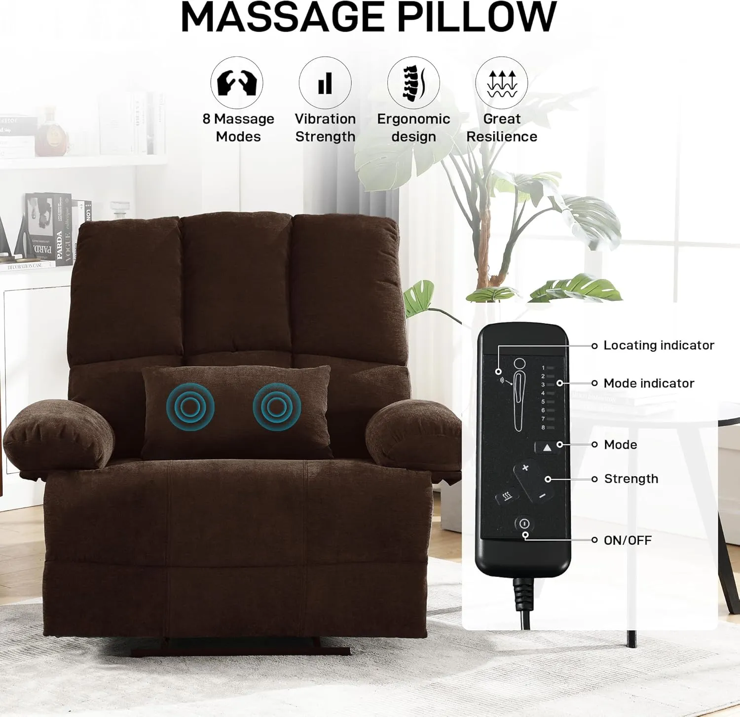 Oversized Recliner Chair 350 lb Weight Capacity, Plus Size 28 inch Large Wide Seat Manual Comfortable Fabric Recliner for Adults Living Room with Pockets Massage Pillow (6008-Brown8)