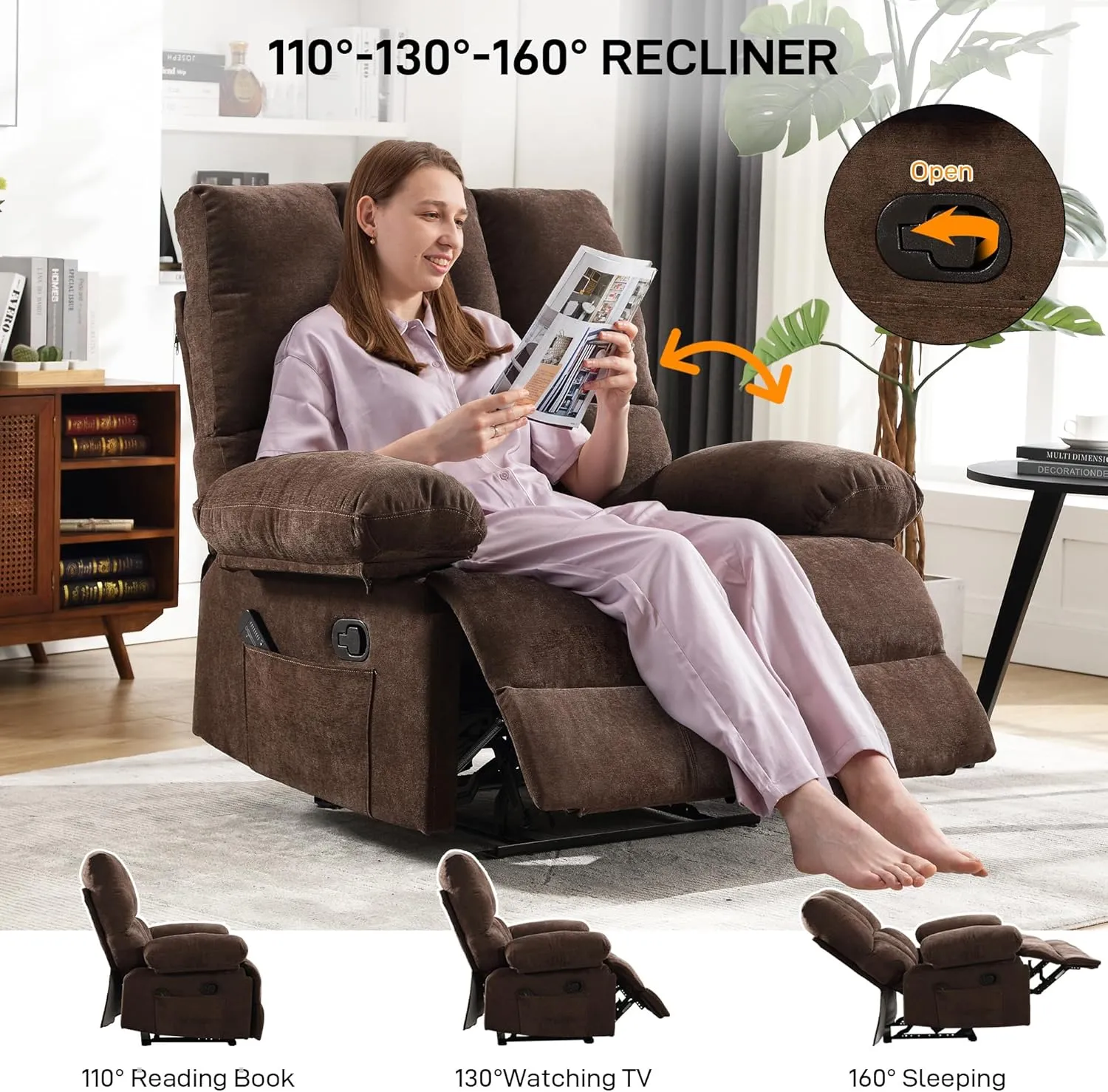 Oversized Recliner Chair 350 lb Weight Capacity, Plus Size 28 inch Large Wide Seat Manual Comfortable Fabric Recliner for Adults Living Room with Pockets Massage Pillow (6008-Brown8)