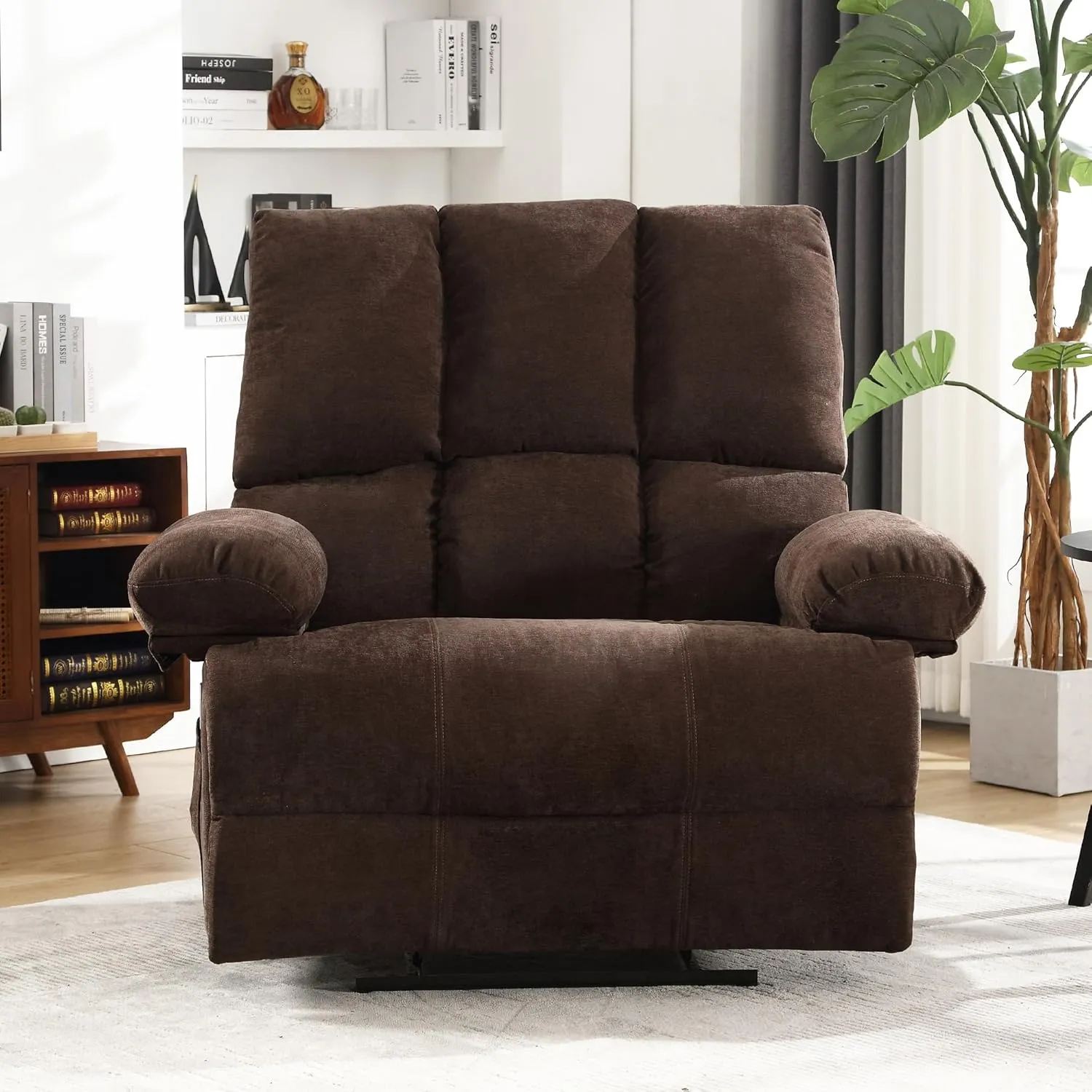 Oversized Recliner Chair 350 lb Weight Capacity, Plus Size 28 inch Large Wide Seat Manual Comfortable Fabric Recliner for Adults Living Room with Pockets Massage Pillow (6008-Brown8)