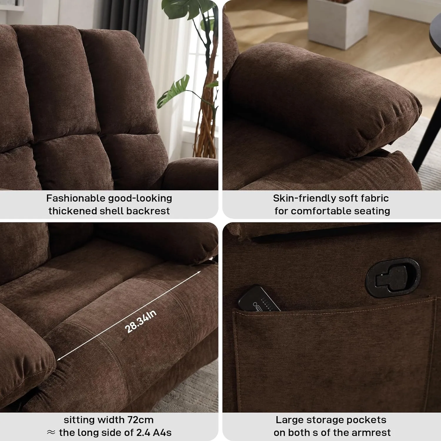 Oversized Recliner Chair 350 lb Weight Capacity, Plus Size 28 inch Large Wide Seat Manual Comfortable Fabric Recliner for Adults Living Room with Pockets Massage Pillow (6008-Brown8)