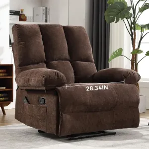 Oversized Recliner Chair 350 lb Weight Capacity, Plus Size 28 inch Large Wide Seat Manual Comfortable Fabric Recliner for Adults Living Room with Pockets Massage Pillow (6008-Brown8)