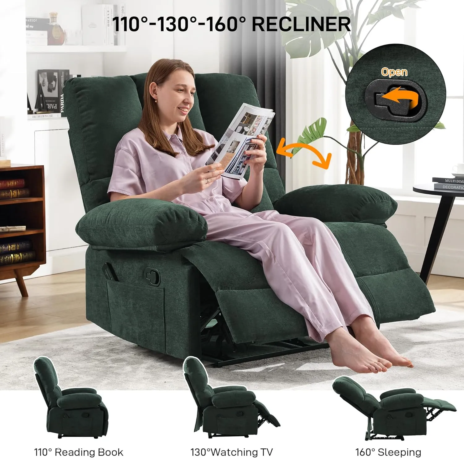 Oversized Recliner Chair 350 lb Weight Capacity, Plus Size 28 inch Large Wide Seat Manual Comfortable Fabric Recliner for Adults Living Room with Pockets Massage Pillow (6008-Green4)