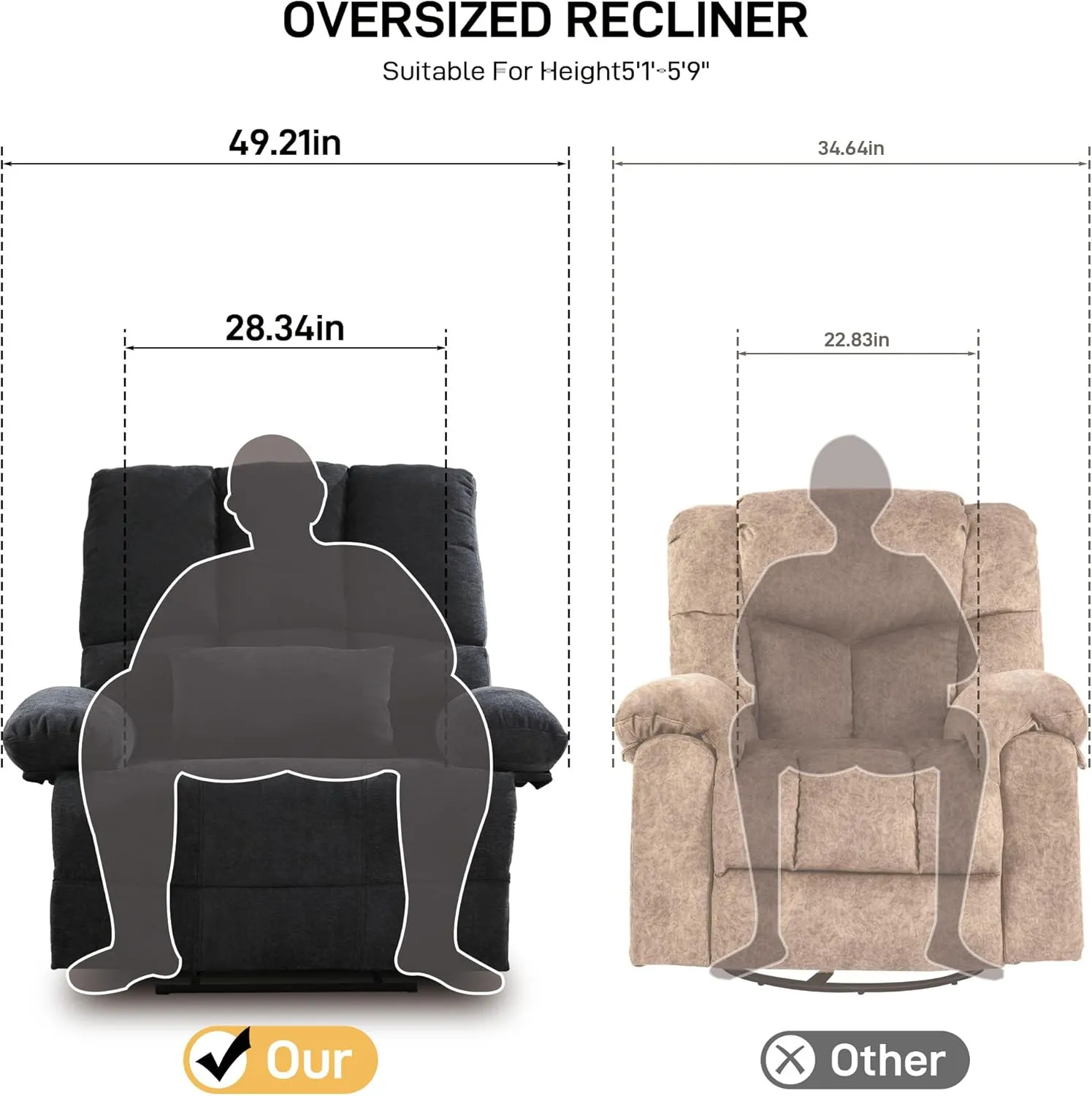 Oversized Recliner Chair 350 lb Weight Capacity, Plus Size 28 inch Large Wide Seat Manual Comfortable Fabric Recliner for Adults Living Room with Pockets Massage Pillow (6008-Green4)
