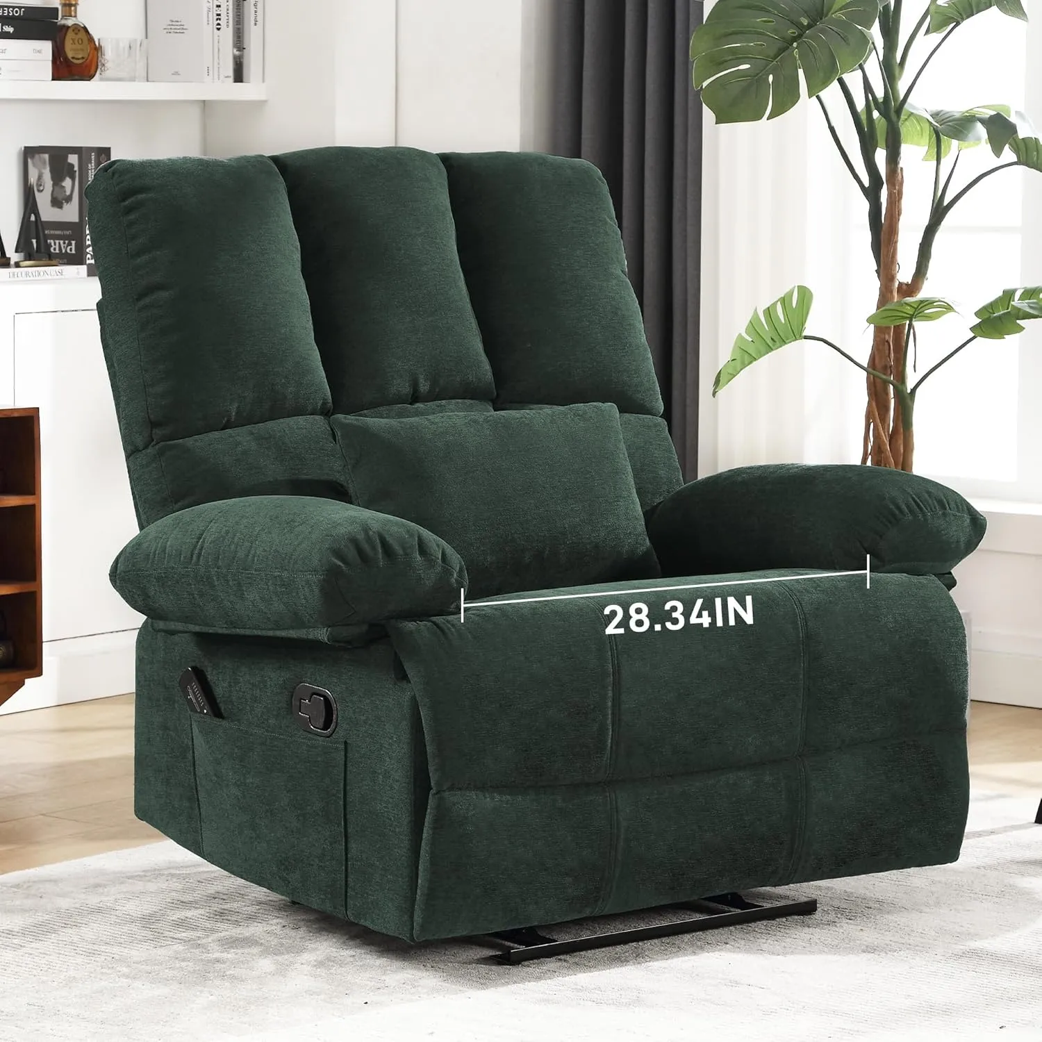 Oversized Recliner Chair 350 lb Weight Capacity, Plus Size 28 inch Large Wide Seat Manual Comfortable Fabric Recliner for Adults Living Room with Pockets Massage Pillow (6008-Green4)