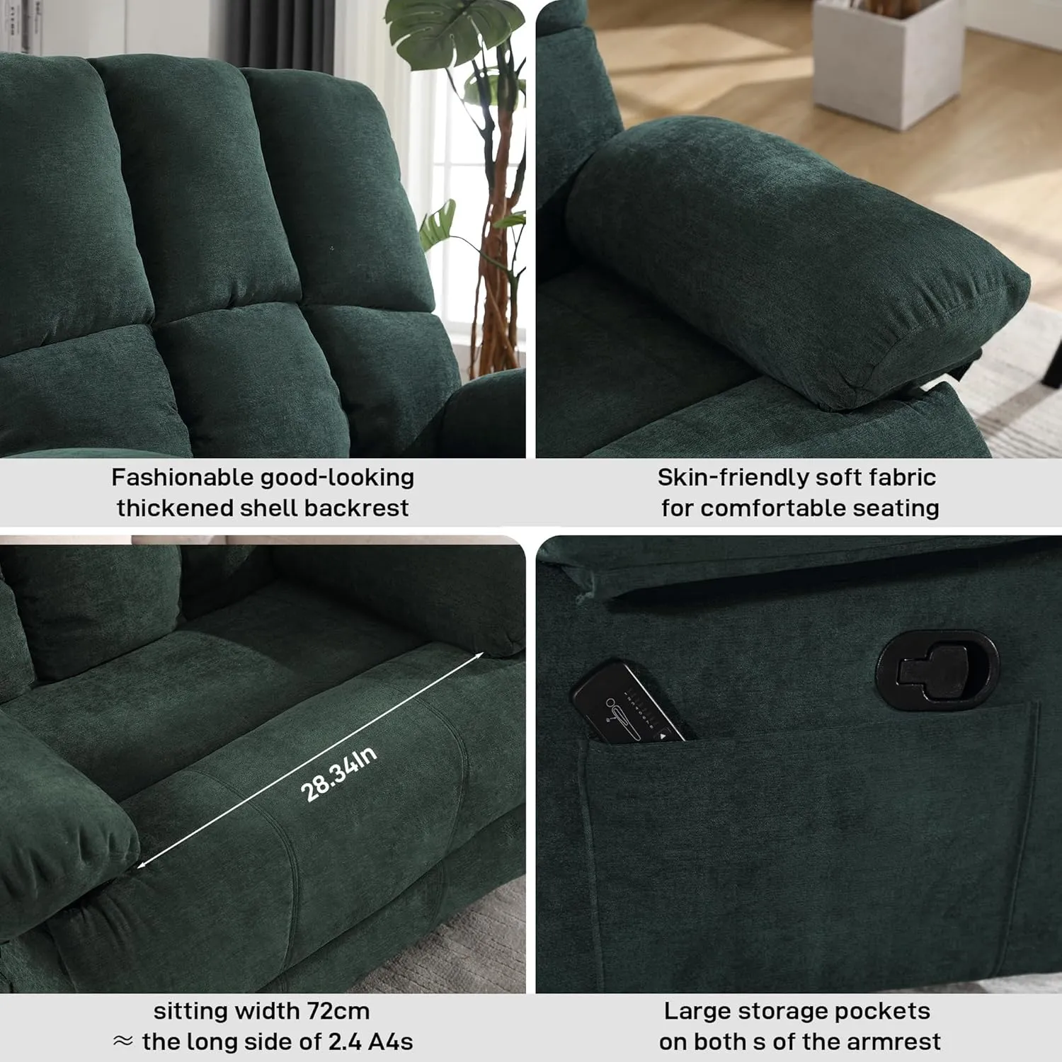 Oversized Recliner Chair 350 lb Weight Capacity, Plus Size 28 inch Large Wide Seat Manual Comfortable Fabric Recliner for Adults Living Room with Pockets Massage Pillow (6008-Green4)