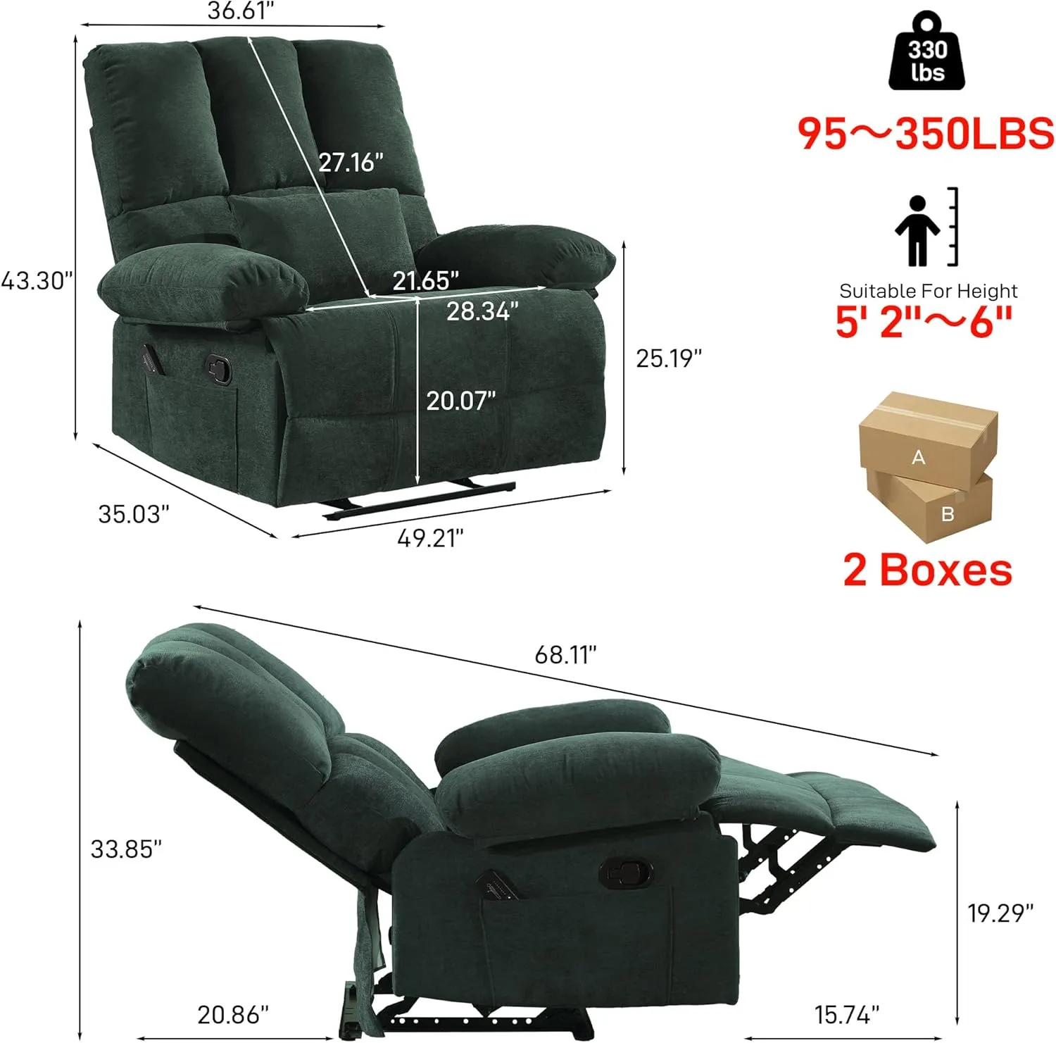 Oversized Recliner Chair 350 lb Weight Capacity, Plus Size 28 inch Large Wide Seat Manual Comfortable Fabric Recliner for Adults Living Room with Pockets Massage Pillow (6008-Green4)