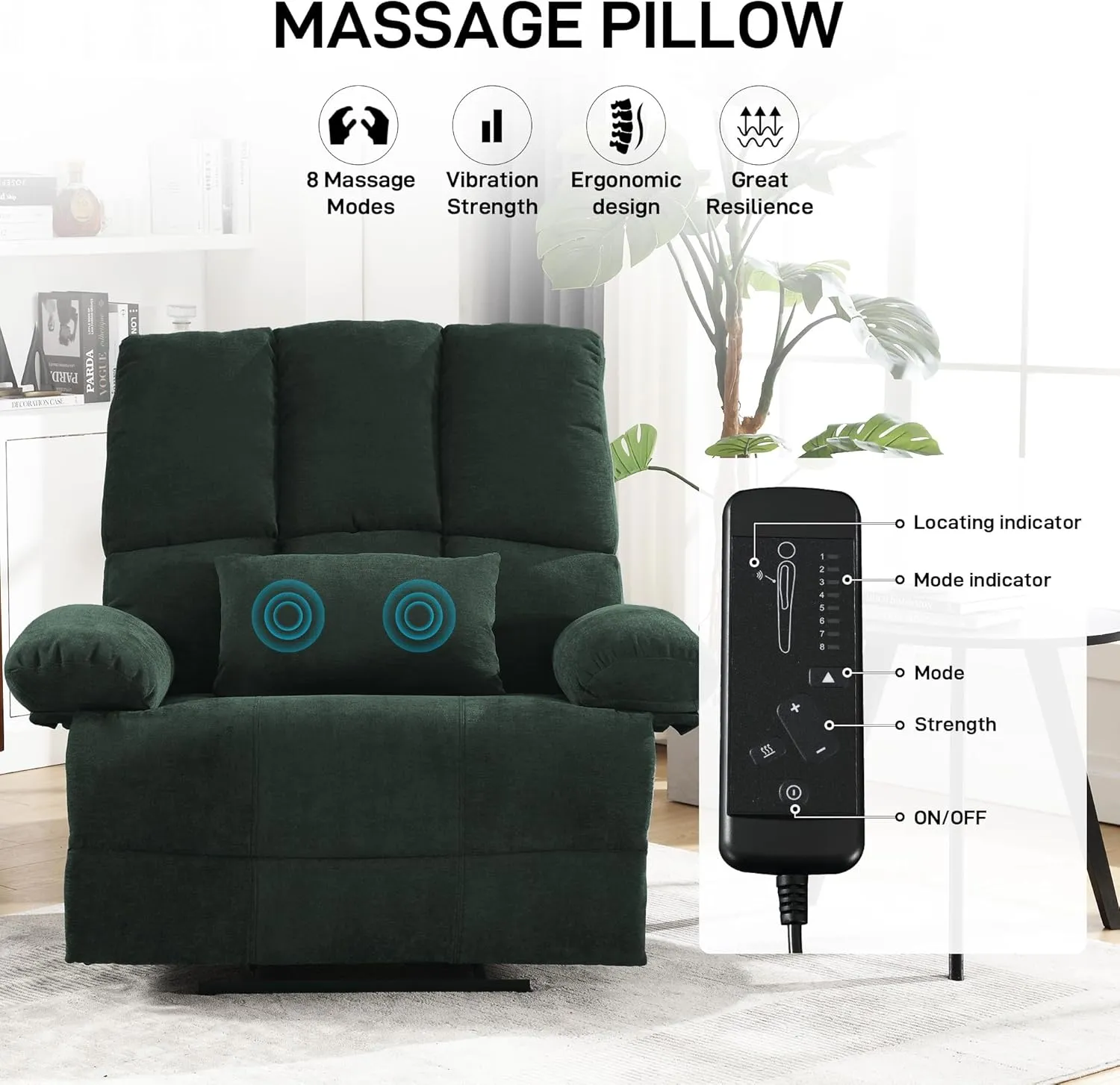 Oversized Recliner Chair 350 lb Weight Capacity, Plus Size 28 inch Large Wide Seat Manual Comfortable Fabric Recliner for Adults Living Room with Pockets Massage Pillow (6008-Green4)