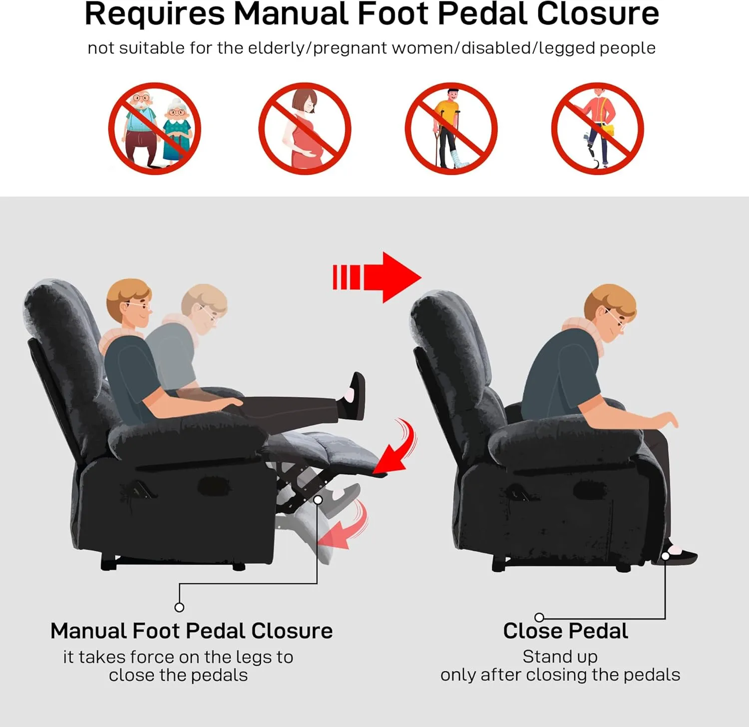 Oversized Recliner Chair 350 lb Weight Capacity, Plus Size 28 inch Large Wide Seat Manual Comfortable Fabric Recliner for Adults Living Room with Pockets Massage Pillow (6008-Grey8)
