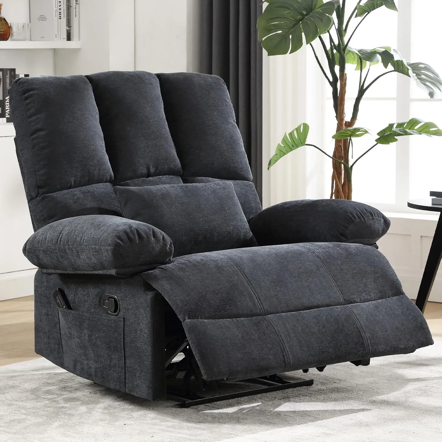 Oversized Recliner Chair 350 lb Weight Capacity, Plus Size 28 inch Large Wide Seat Manual Comfortable Fabric Recliner for Adults Living Room with Pockets Massage Pillow (6008-Grey8)