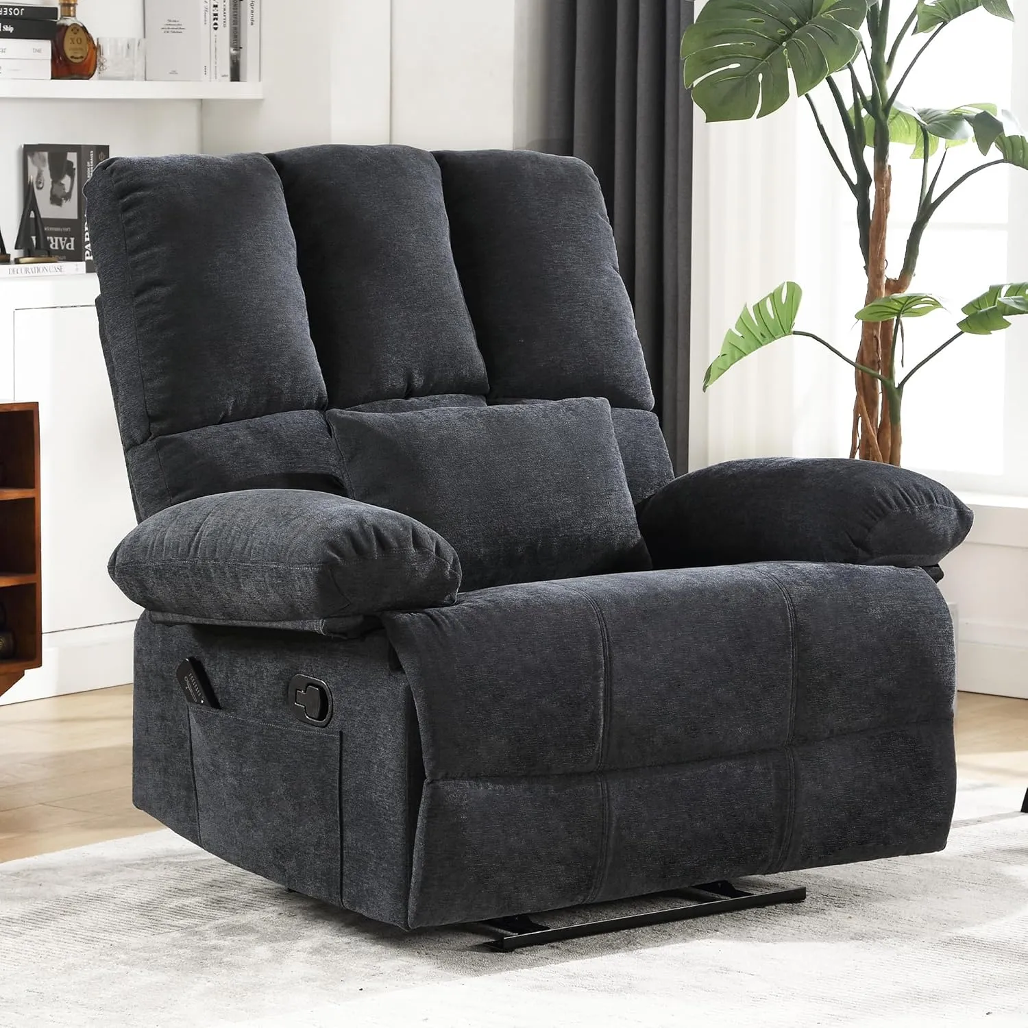 Oversized Recliner Chair 350 lb Weight Capacity, Plus Size 28 inch Large Wide Seat Manual Comfortable Fabric Recliner for Adults Living Room with Pockets Massage Pillow (6008-Grey8)