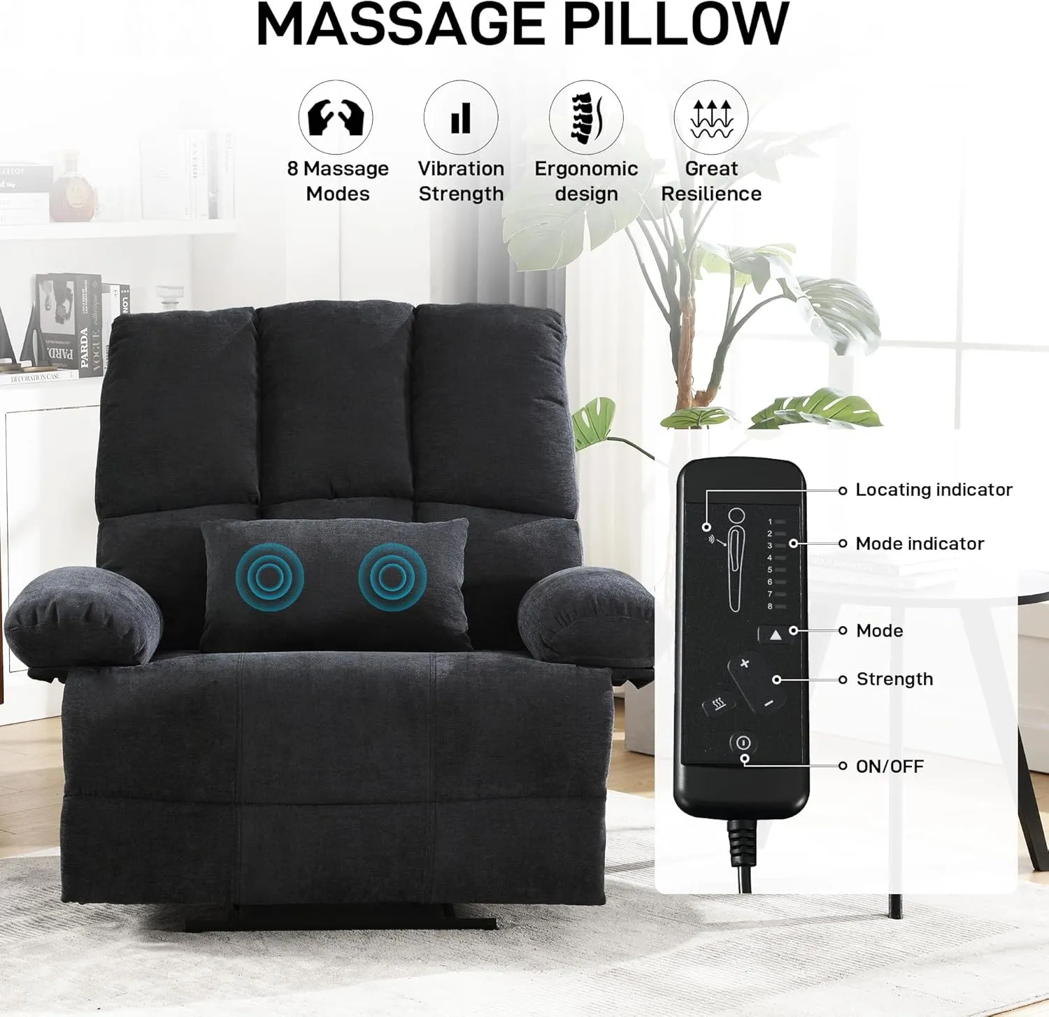 Oversized Recliner Chair 350 lb Weight Capacity, Plus Size 28 inch Large Wide Seat Manual Comfortable Fabric Recliner for Adults Living Room with Pockets Massage Pillow (6008-Grey8)