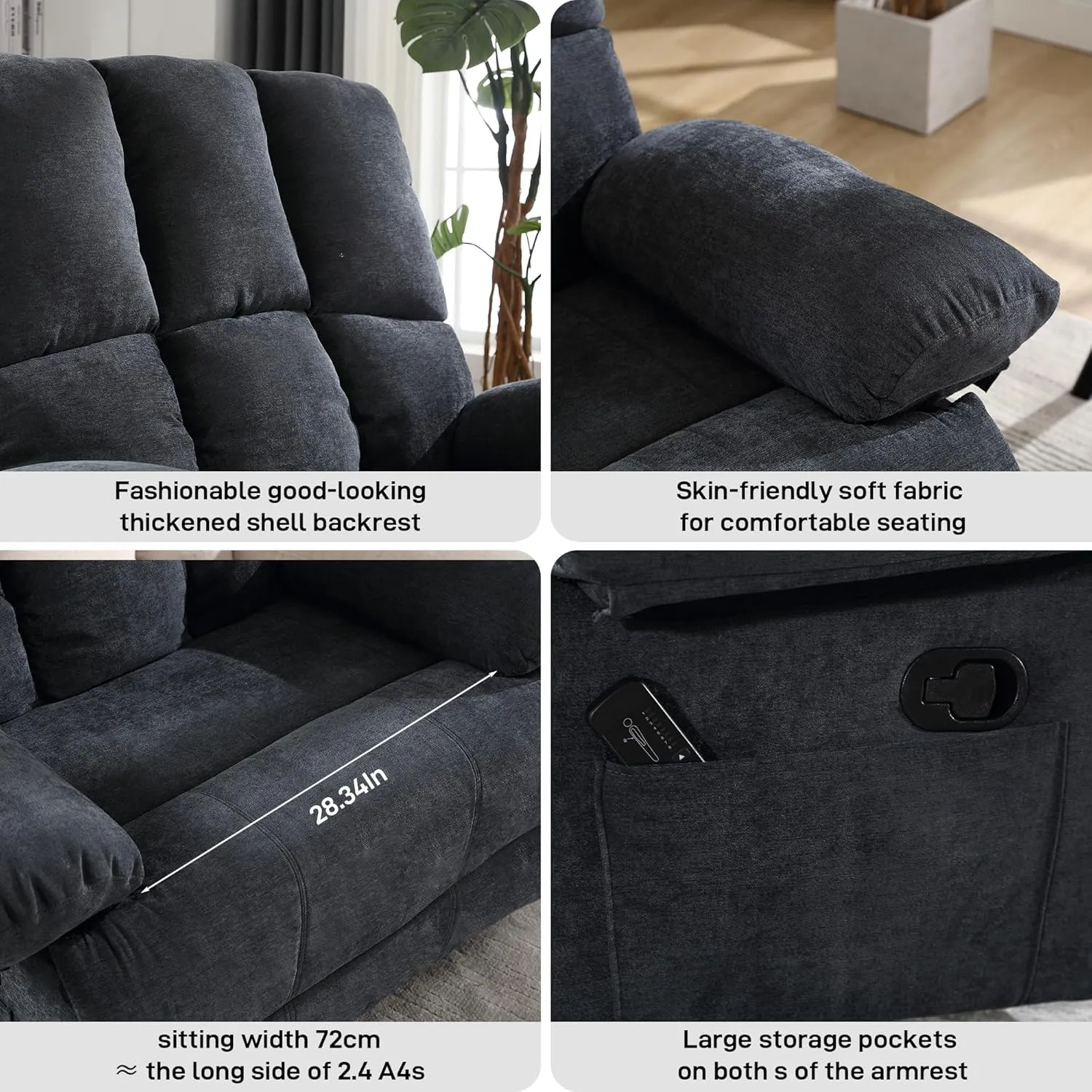 Oversized Recliner Chair 350 lb Weight Capacity, Plus Size 28 inch Large Wide Seat Manual Comfortable Fabric Recliner for Adults Living Room with Pockets Massage Pillow (6008-Grey8)