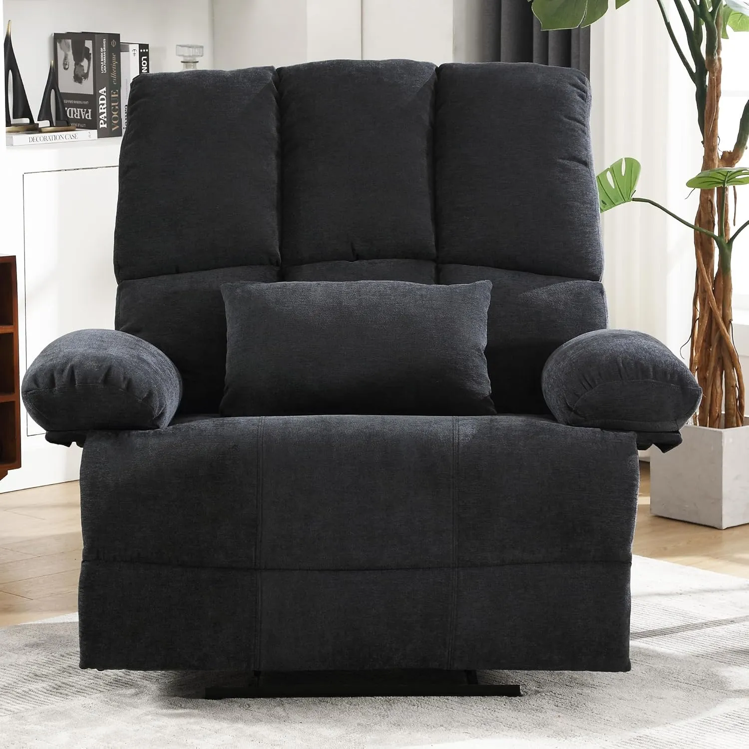 Oversized Recliner Chair 350 lb Weight Capacity, Plus Size 28 inch Large Wide Seat Manual Comfortable Fabric Recliner for Adults Living Room with Pockets Massage Pillow (6008-Grey8)