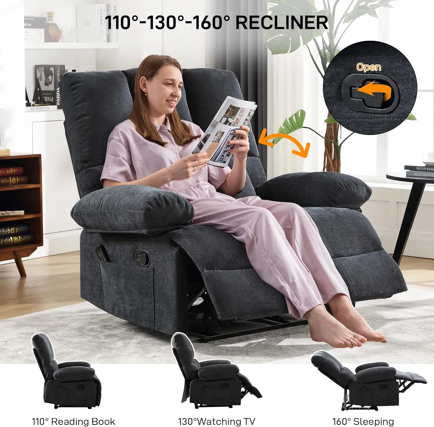 Oversized Recliner Chair 350 lb Weight Capacity, Plus Size 28 inch Large Wide Seat Manual Comfortable Fabric Recliner for Adults Living Room with Pockets Massage Pillow (6008-Grey8)