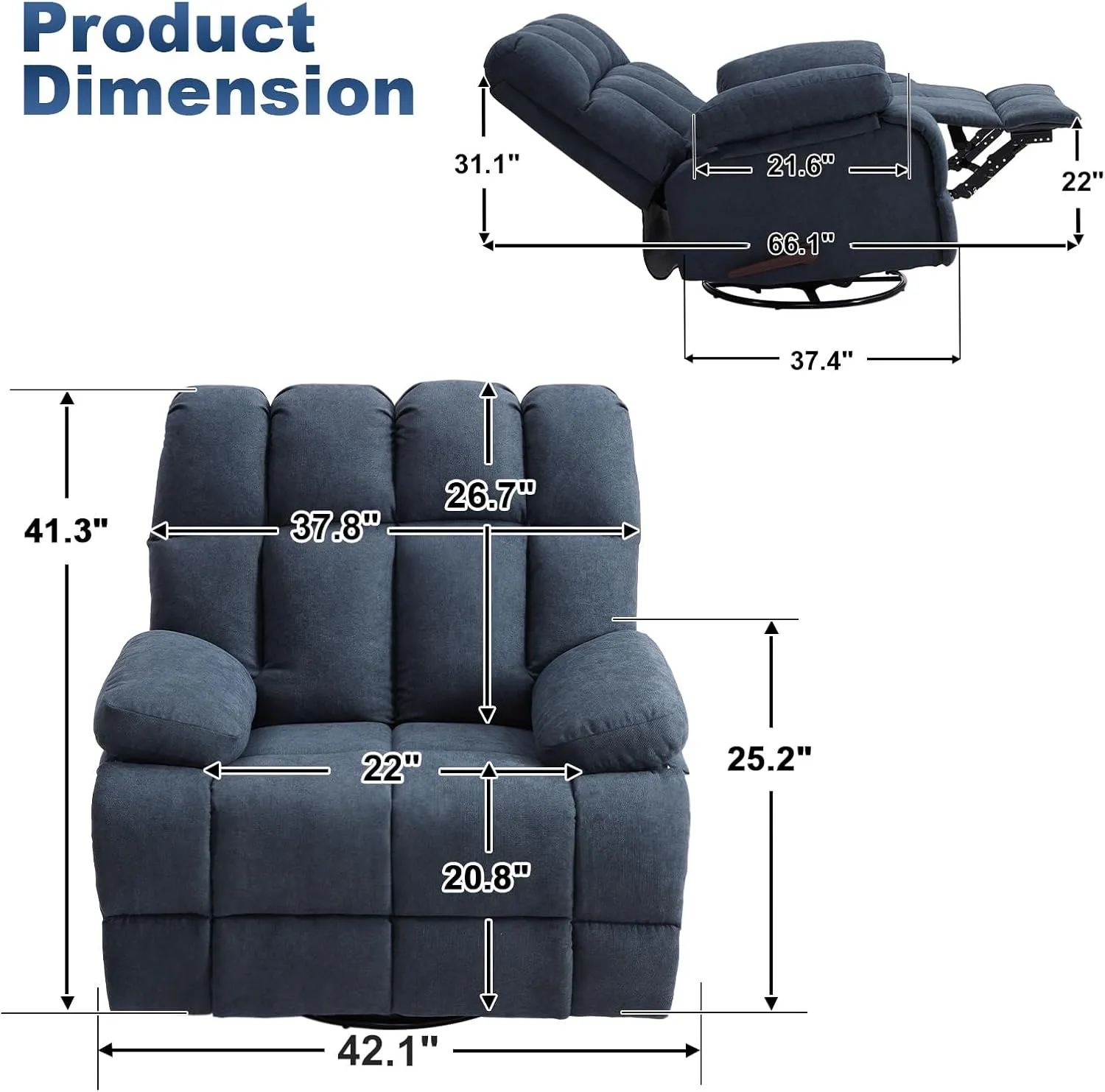 Oversized Recliner Chair, Extra Wide Manual 360°Swivel Recliner Lazy Boy Recliner for Big Man,Overstuffed Soft Rocking Sofa Chair for Living Room(Grey)