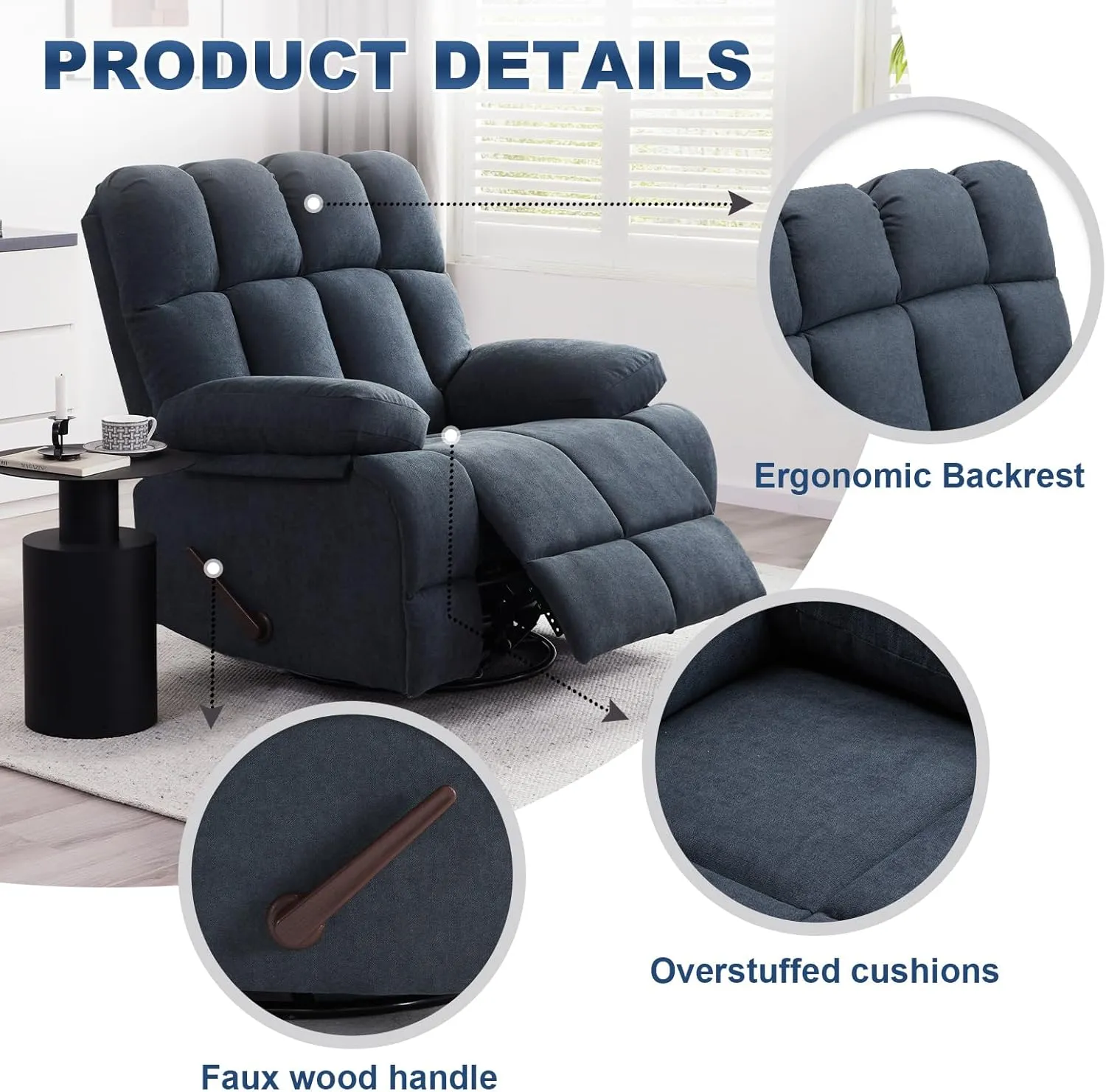 Oversized Recliner Chair, Extra Wide Manual 360°Swivel Recliner Lazy Boy Recliner for Big Man,Overstuffed Soft Rocking Sofa Chair for Living Room(Grey)