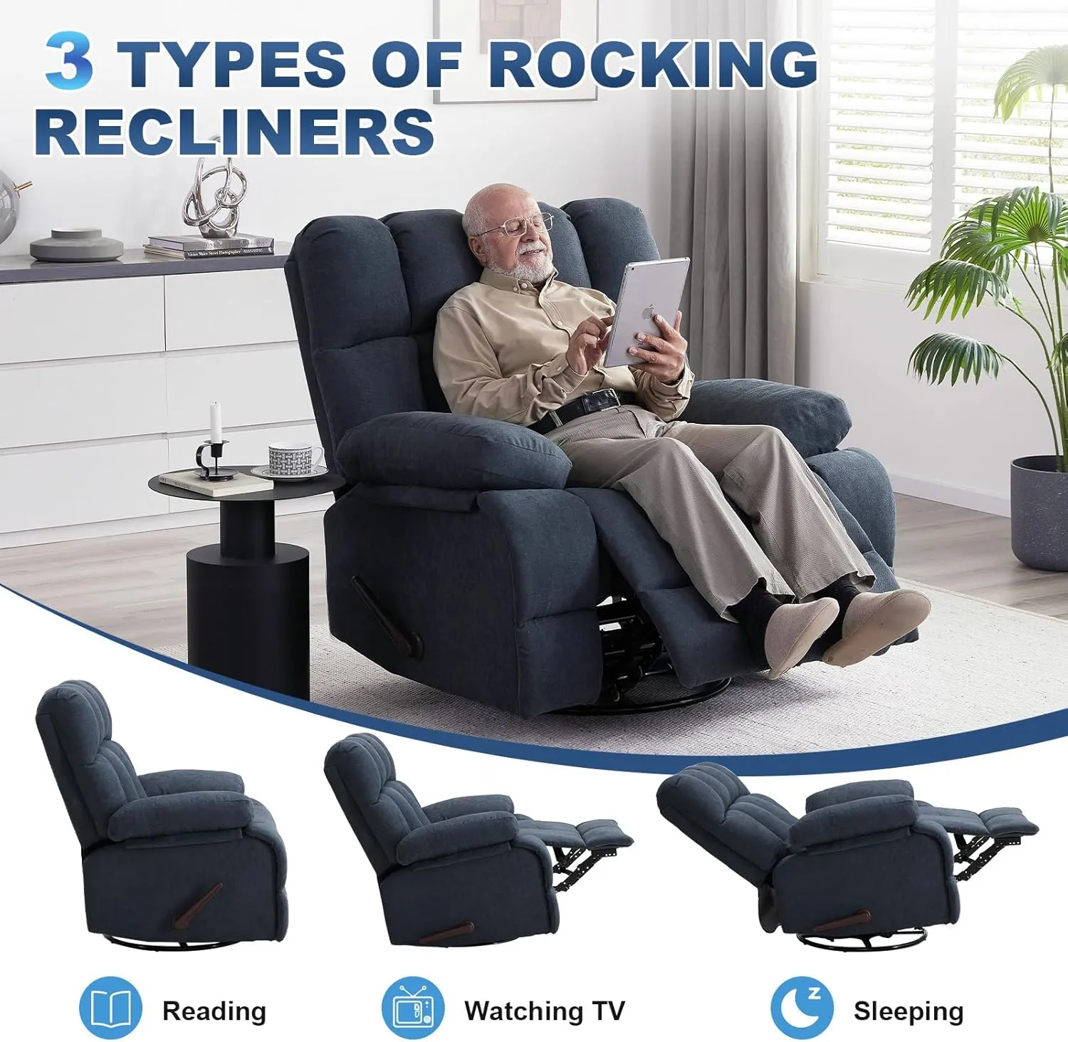 Oversized Recliner Chair, Extra Wide Manual 360°Swivel Recliner Lazy Boy Recliner for Big Man,Overstuffed Soft Rocking Sofa Chair for Living Room(Grey)