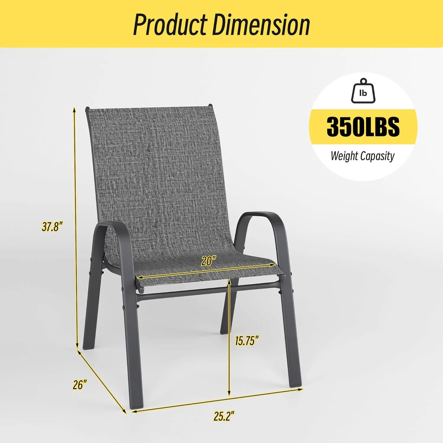 Patio Chairs Set of 6, Stackable Outdoor Dining Chairs Set with Breathable Seat Fabric, All-Weather Powder-Coated Metal Frame for Deck, Pool Side and Backyard, 350LBS Capacity (Grey)