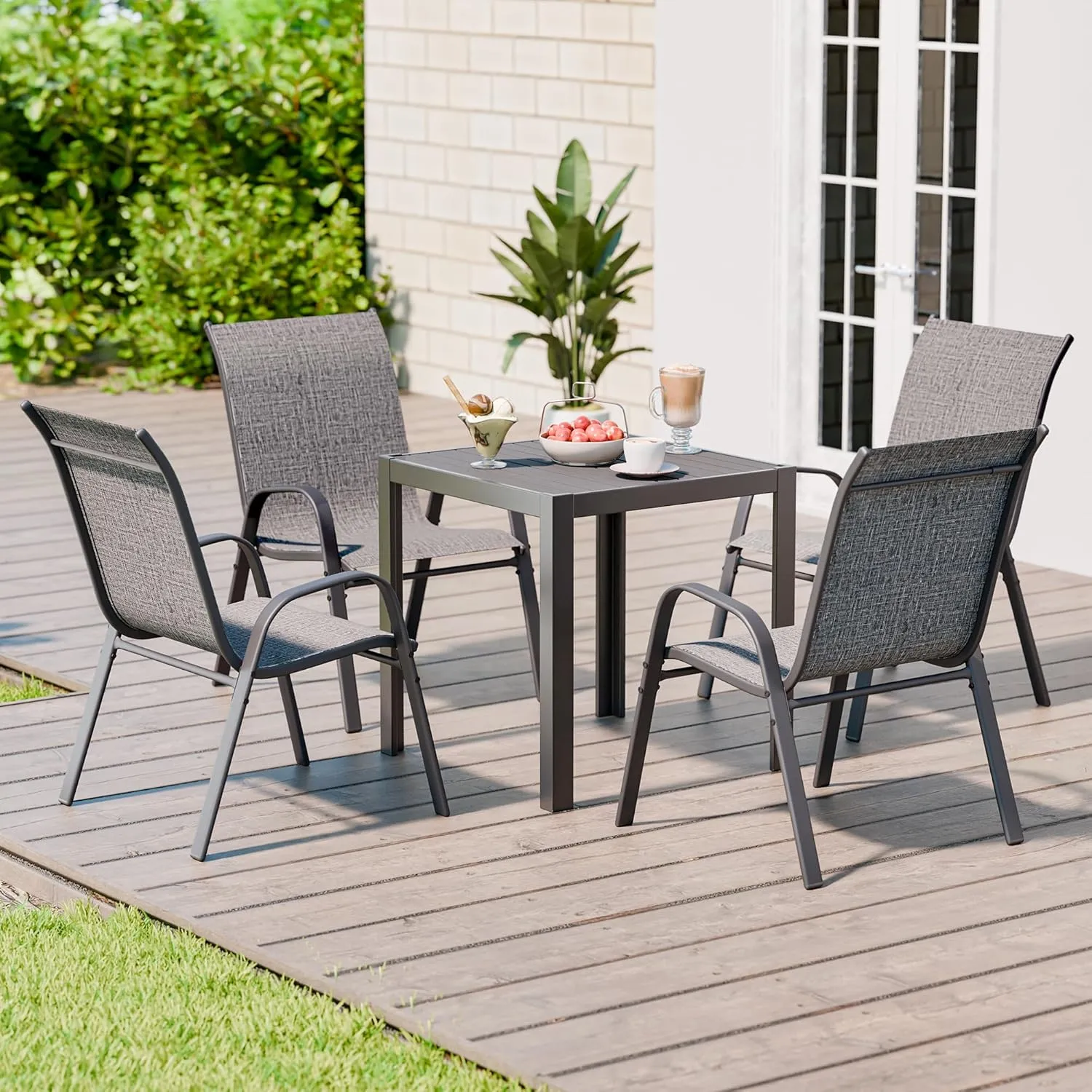 Patio Chairs Set of 6, Stackable Outdoor Dining Chairs Set with Breathable Seat Fabric, All-Weather Powder-Coated Metal Frame for Deck, Pool Side and Backyard, 350LBS Capacity (Grey)